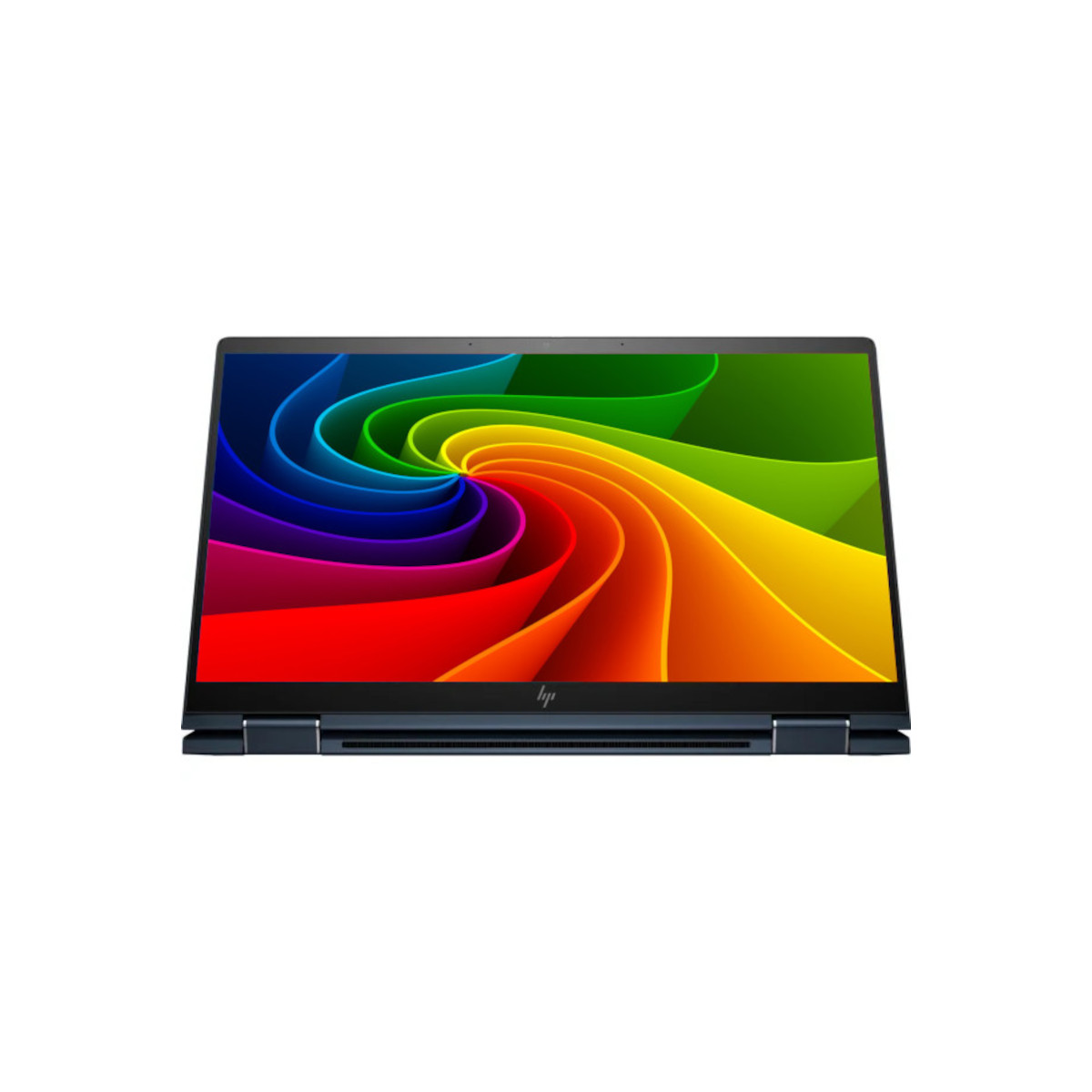 Ein geöffneter blauer Laptop mit einem bunten Wirbelmuster auf dem Bildschirm.