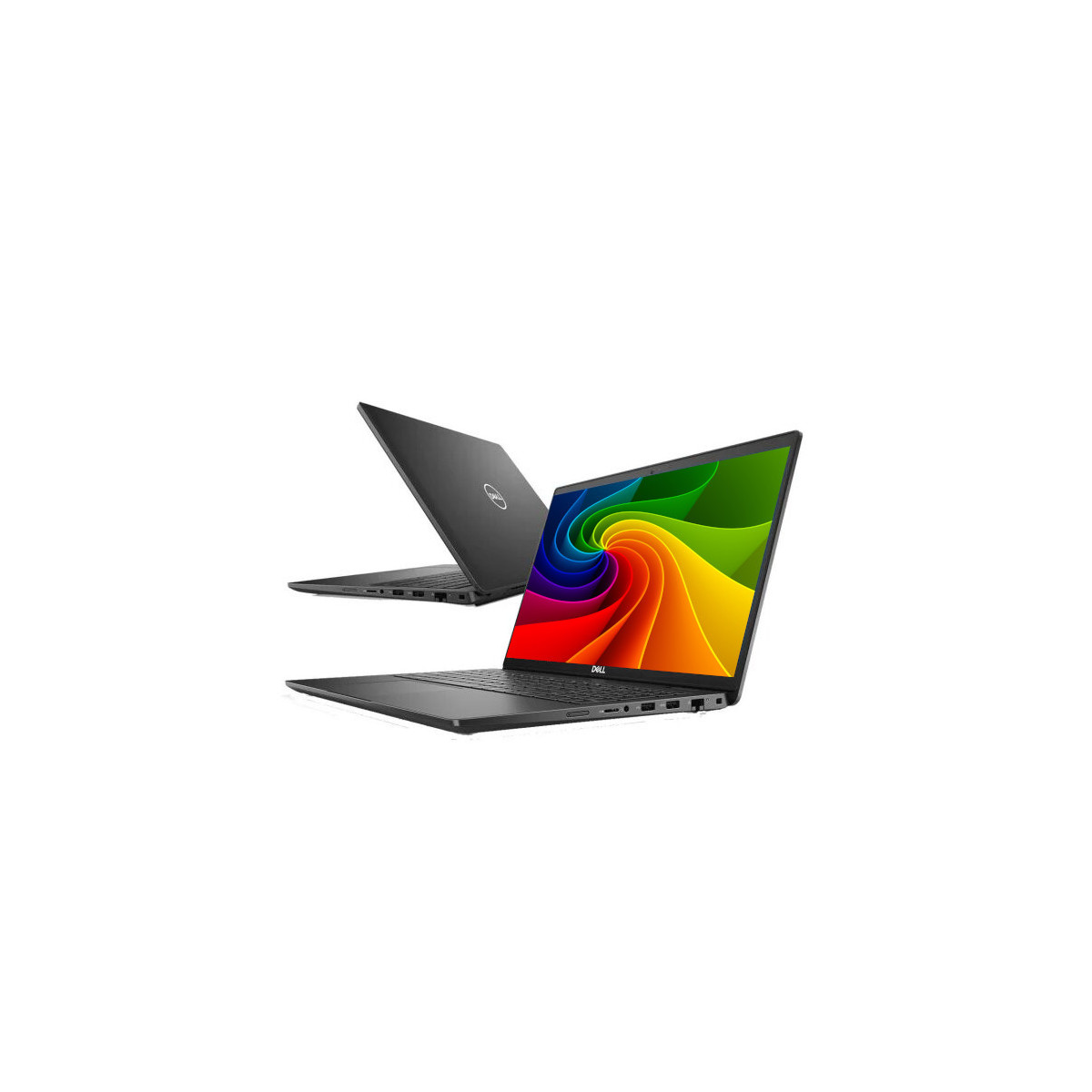 Zwei schwarze Dell Laptops mit bunten Bildschirmschonern auf weißem Hintergrund.