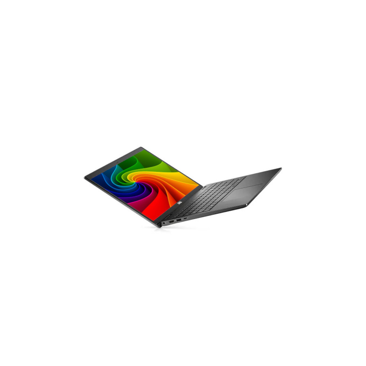 Schwarzer Laptop mit Regenbogen-Wirbel auf dem Bildschirm.