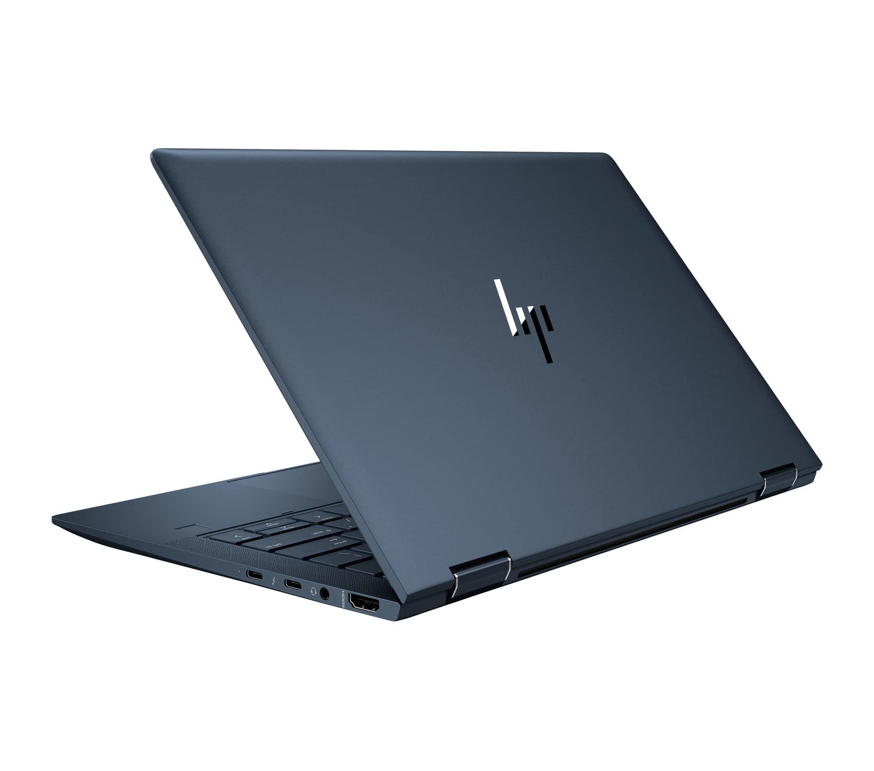 Ein geschlossener, dunkelblauer HP Laptop mit dem HP-Logo auf dem Deckel.