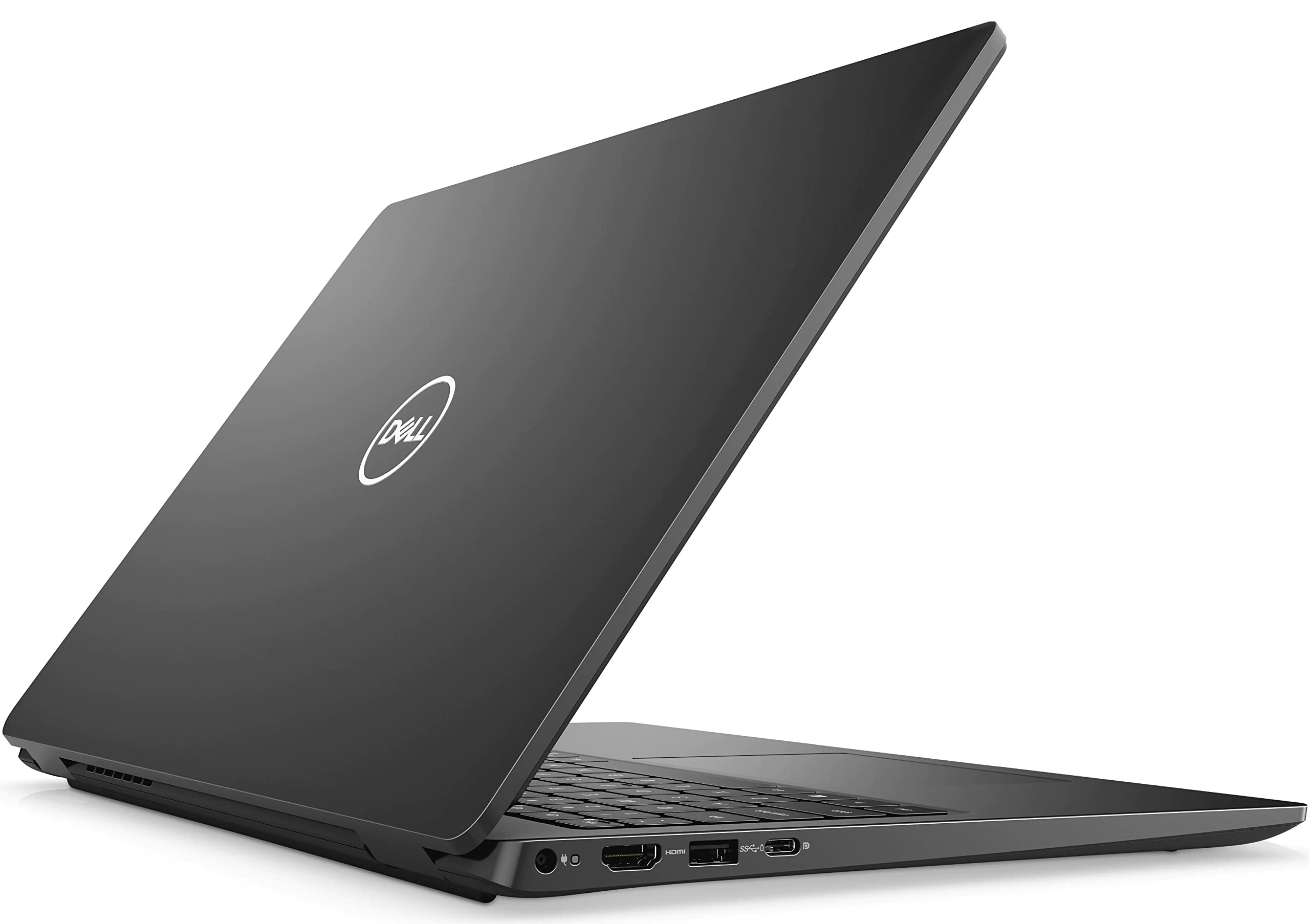 Ein dunkler Dell Laptop ist geöffnet und zeigt die Tastatur.