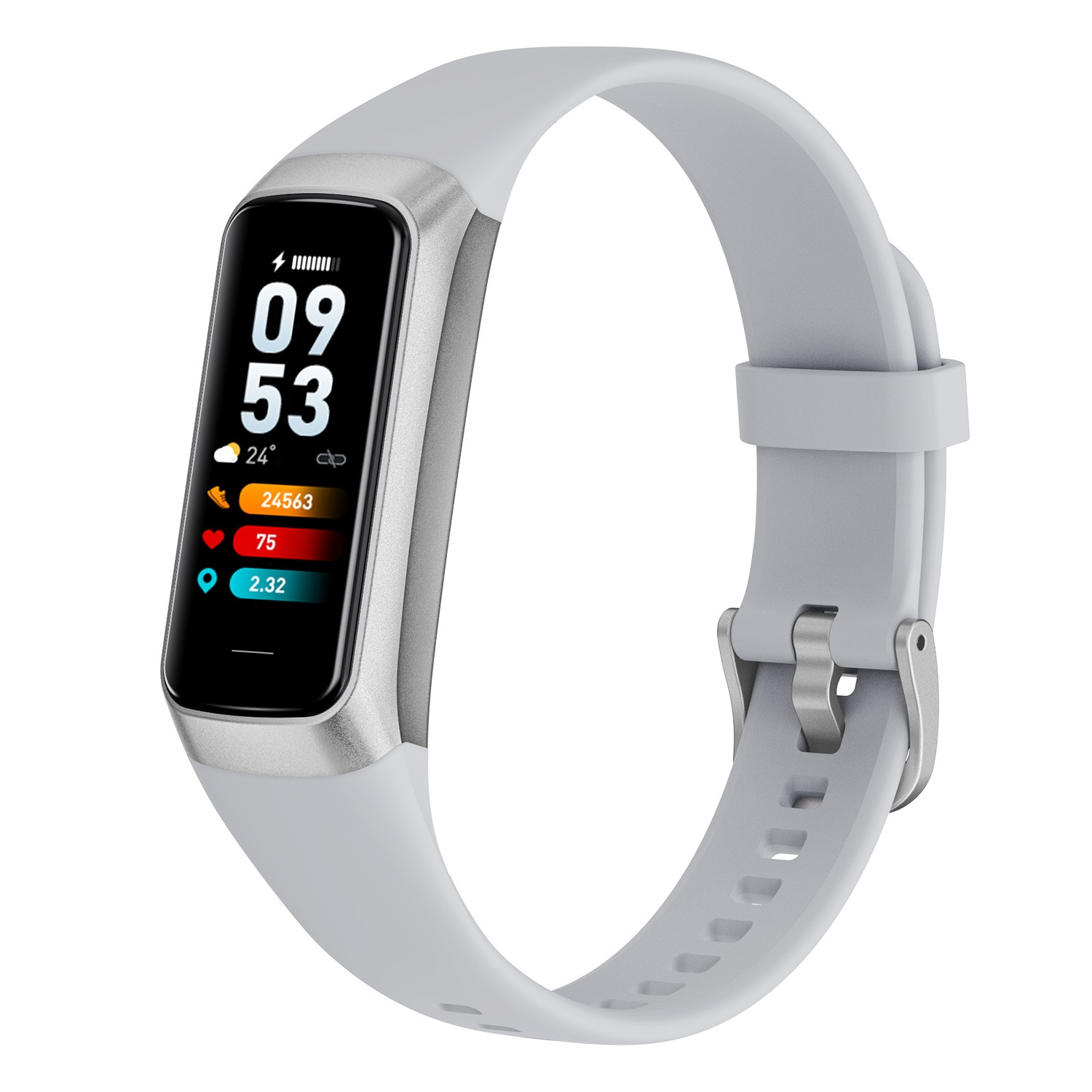 Graues Fitnessarmband mit silbernem Gehäuse und Display, das Uhrzeit anzeigt.