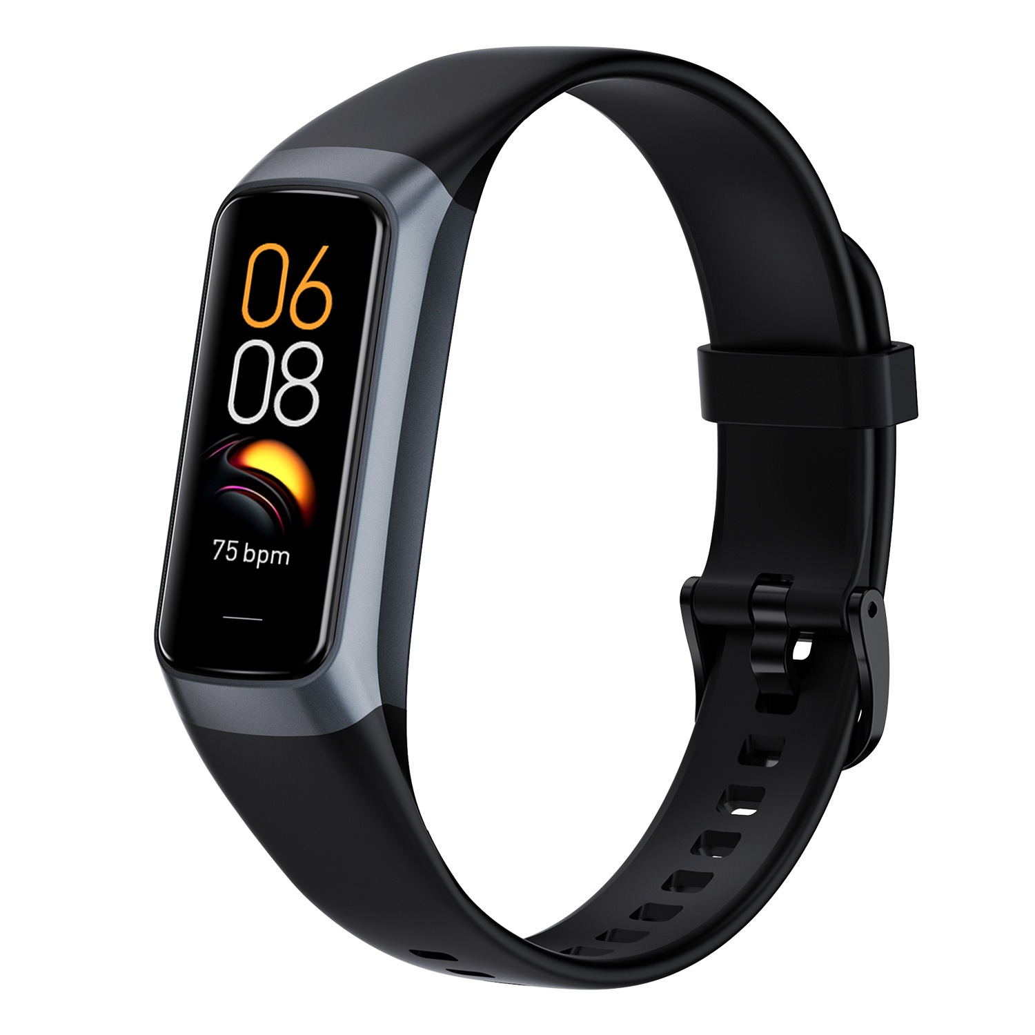 Schwarzes Fitnessarmband mit Display, das 06:08 Uhr und 75 bpm anzeigt.