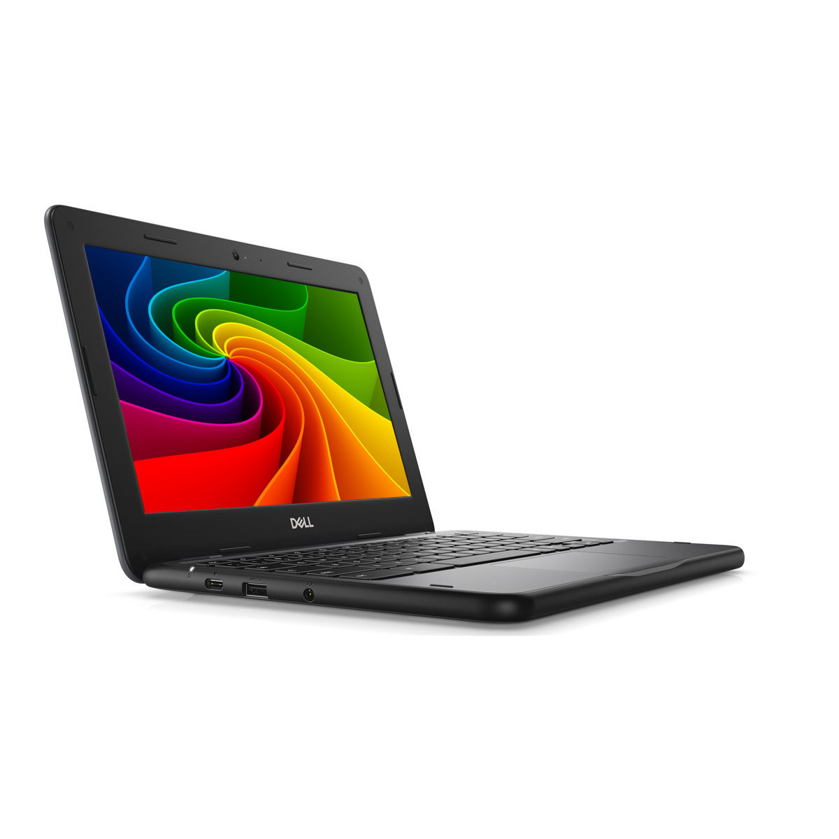 Schwarzer Dell Laptop mit buntem Hintergrund auf dem Bildschirm.