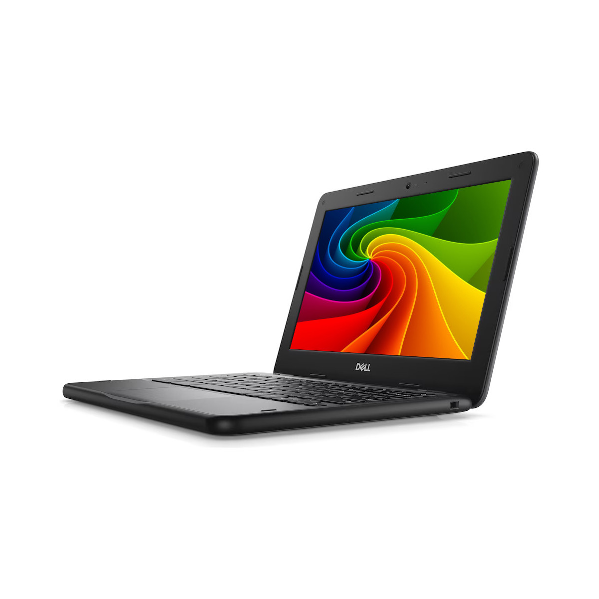 Ein schwarzer Dell Laptop mit einem bunten, wirbelnden Hintergrundbild auf dem Bildschirm.