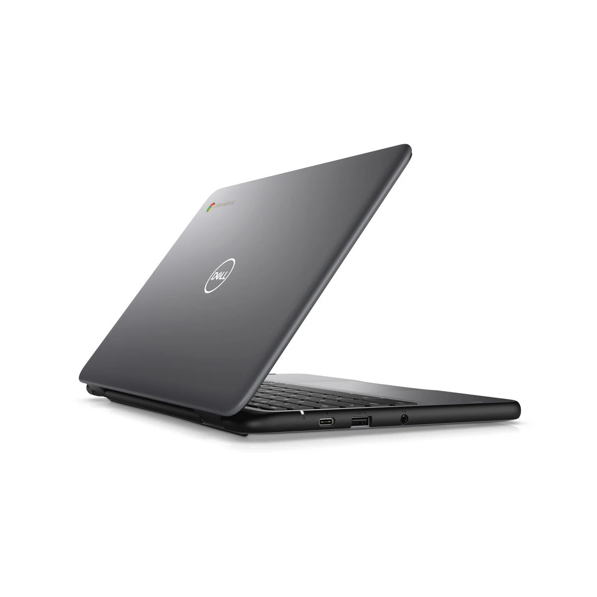Ein geschlossener, dunkler Dell Chromebook mit silbernem Dell-Logo und Chromebook-Schriftzug.