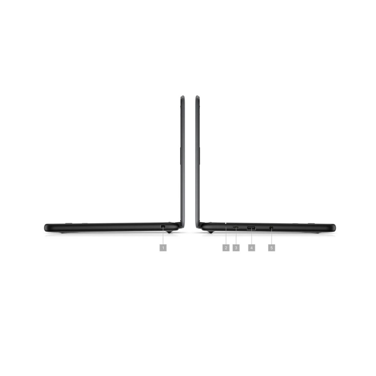 Zwei Laptops nebeneinander, Seite Ansicht mit Beschriftungen.