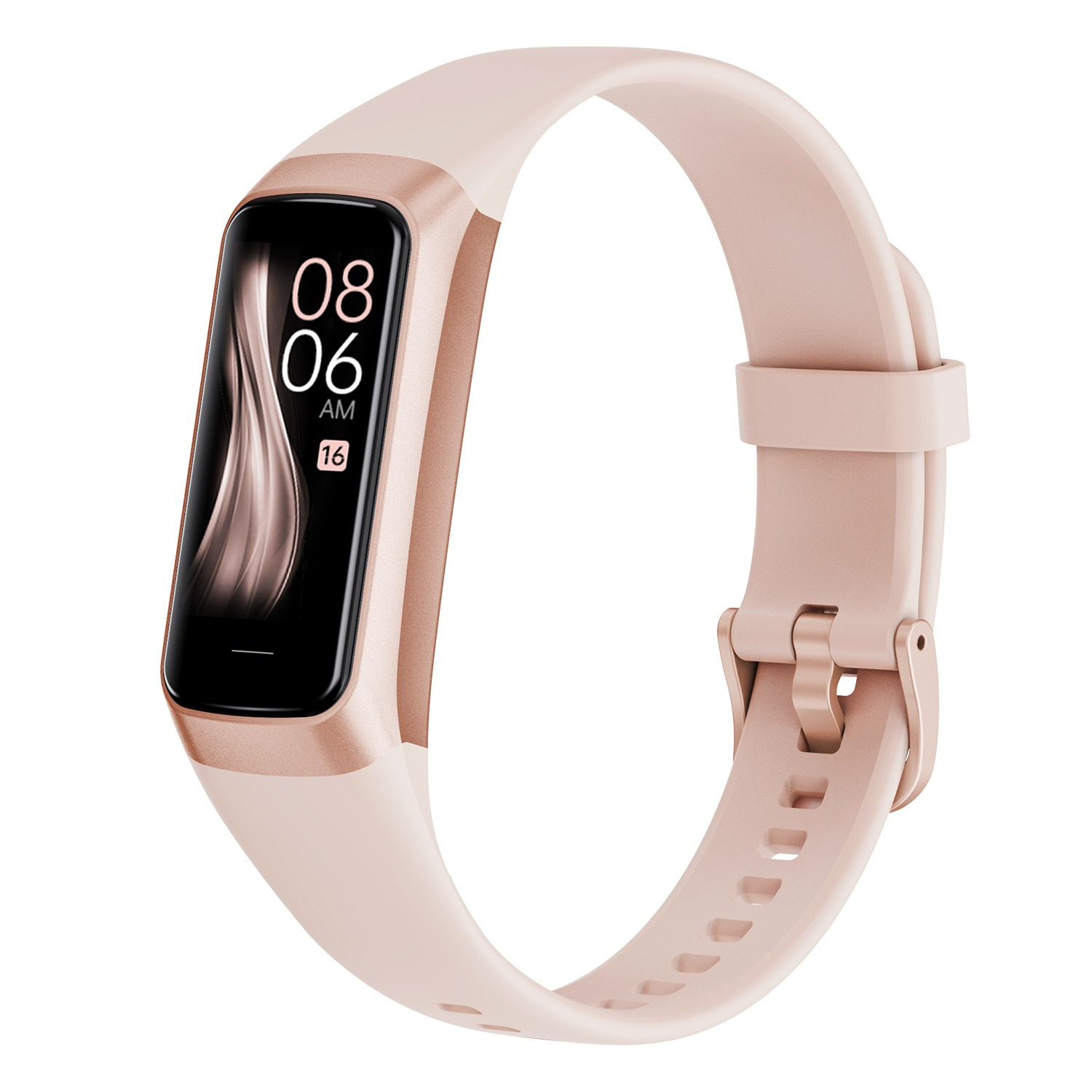 Ein roségoldenes Fitnessarmband mit pinkem Band, zeigt 08:06 Uhr.