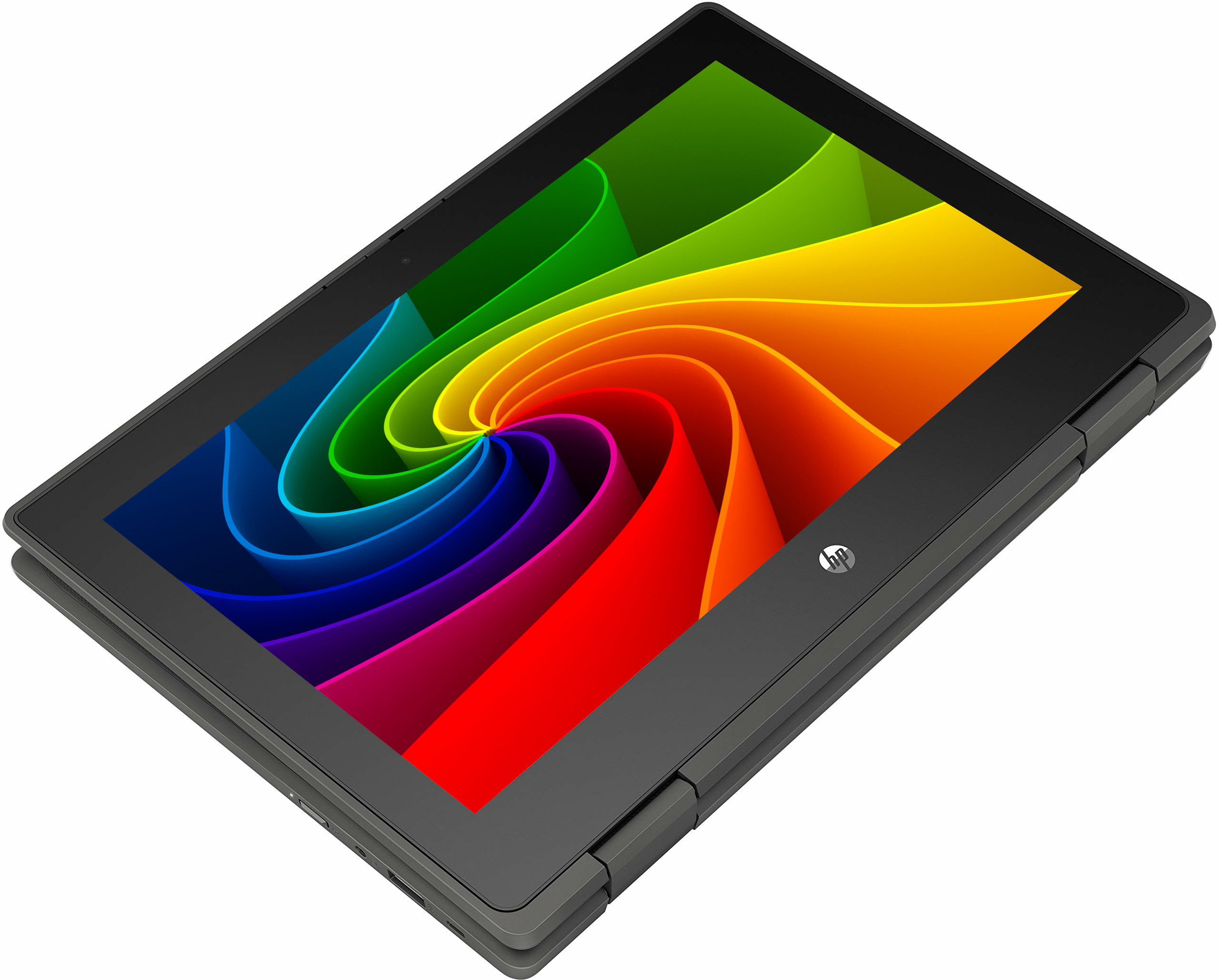Ein geschlossener Laptop mit einem bunten, wirbelnden Hintergrund auf dem Bildschirm.