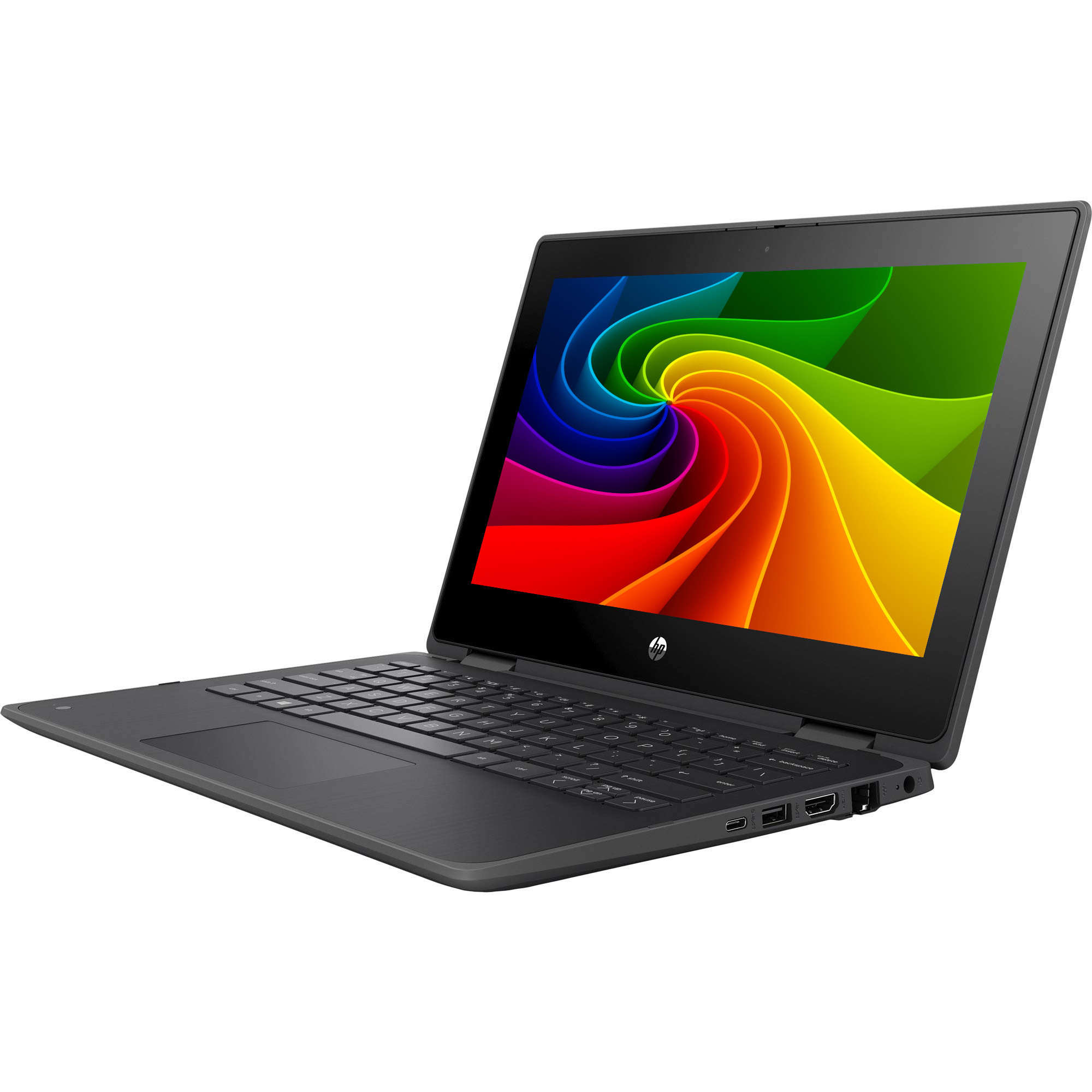 Ein geschlossener schwarzer Laptop mit einem bunten Wirbel auf dem Bildschirm.