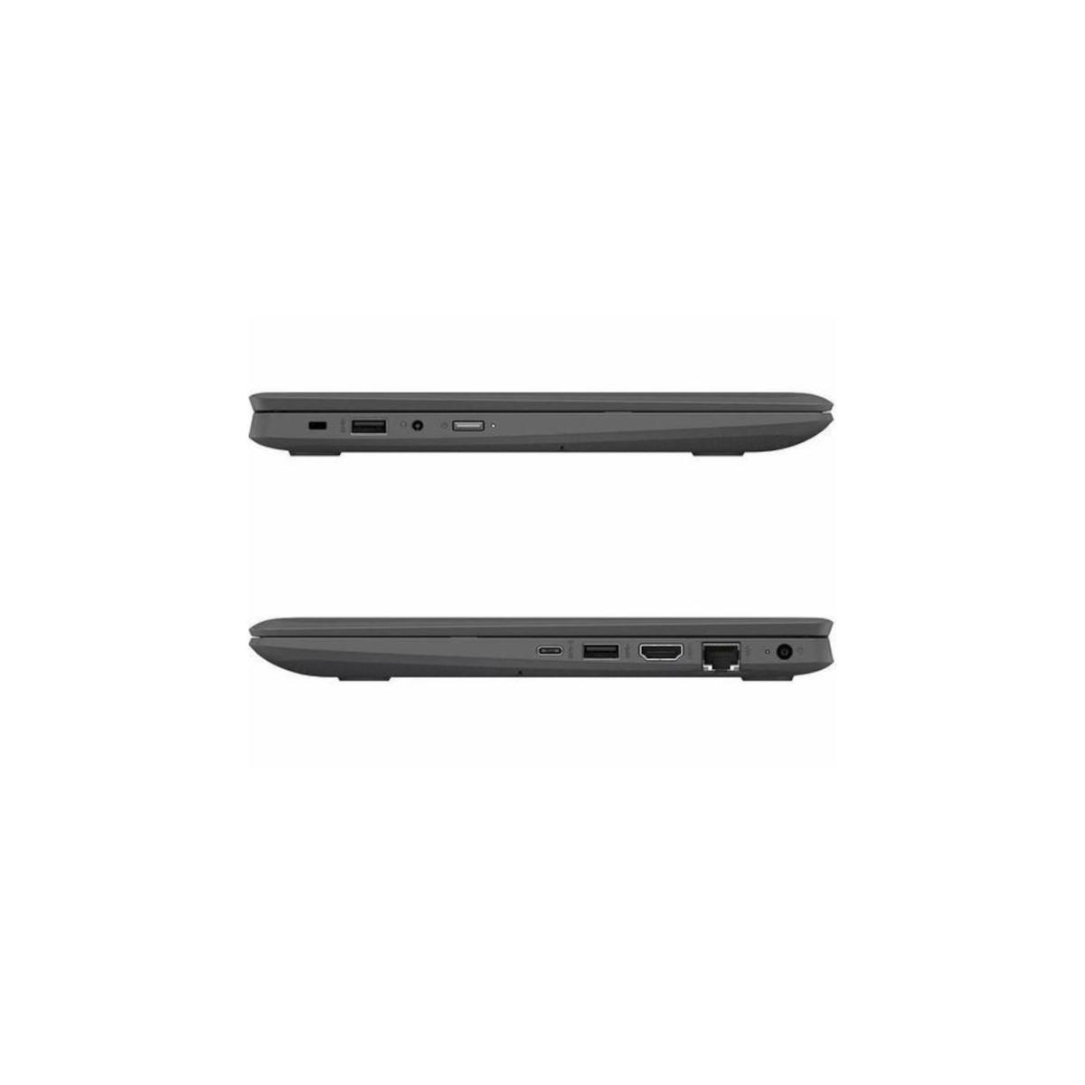 Nahaufnahme von grauen Laptop-Seiten mit Anschlüssen: USB, HDMI, Audiobuchse, Strom.