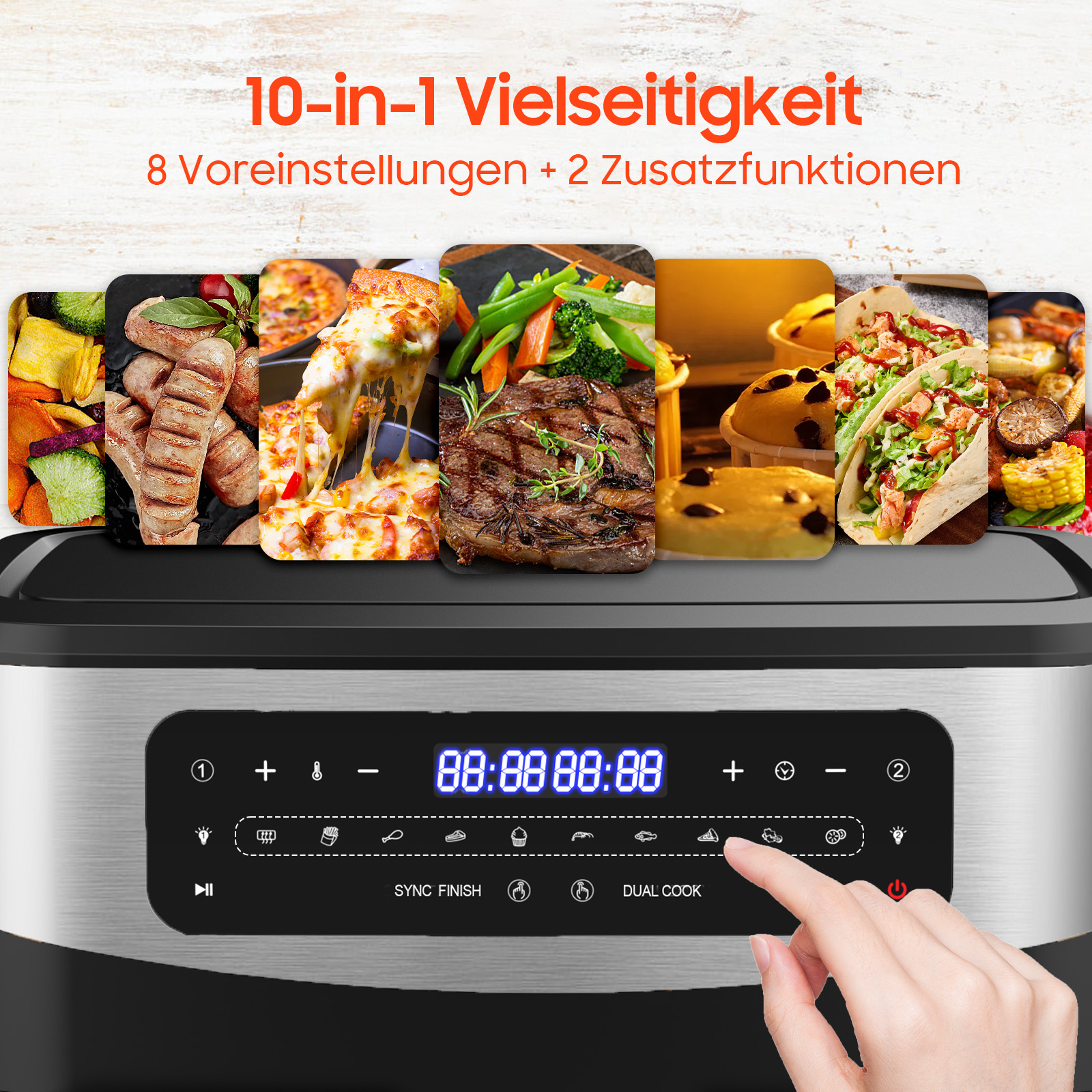Ein Airfryer mit verschiedenen Kochoptionen und einem digitalen Display.