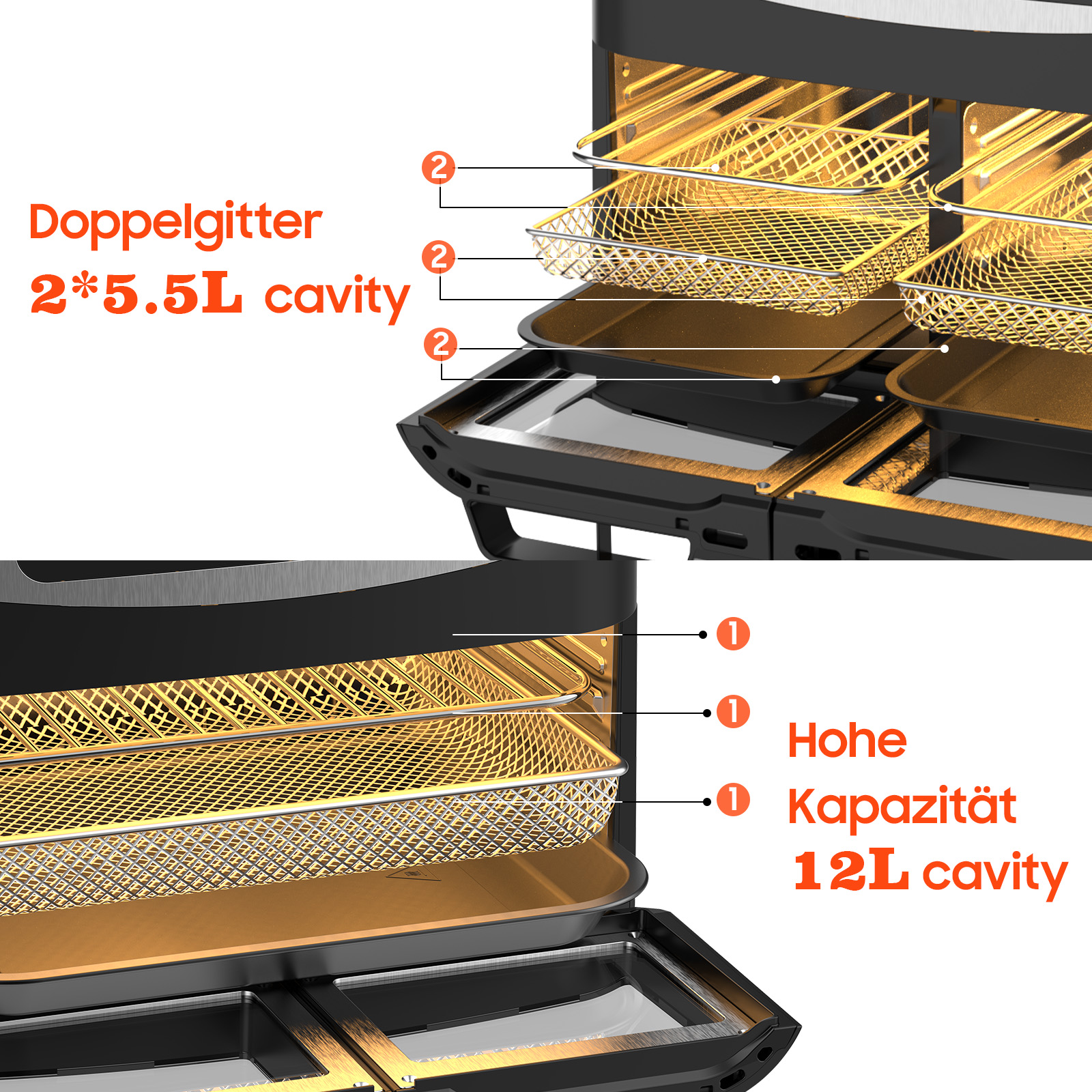 Doppel-Heißluftfritteuse mit zwei 5,5L-Kammern und einer 12L-Gesamtkapazität.