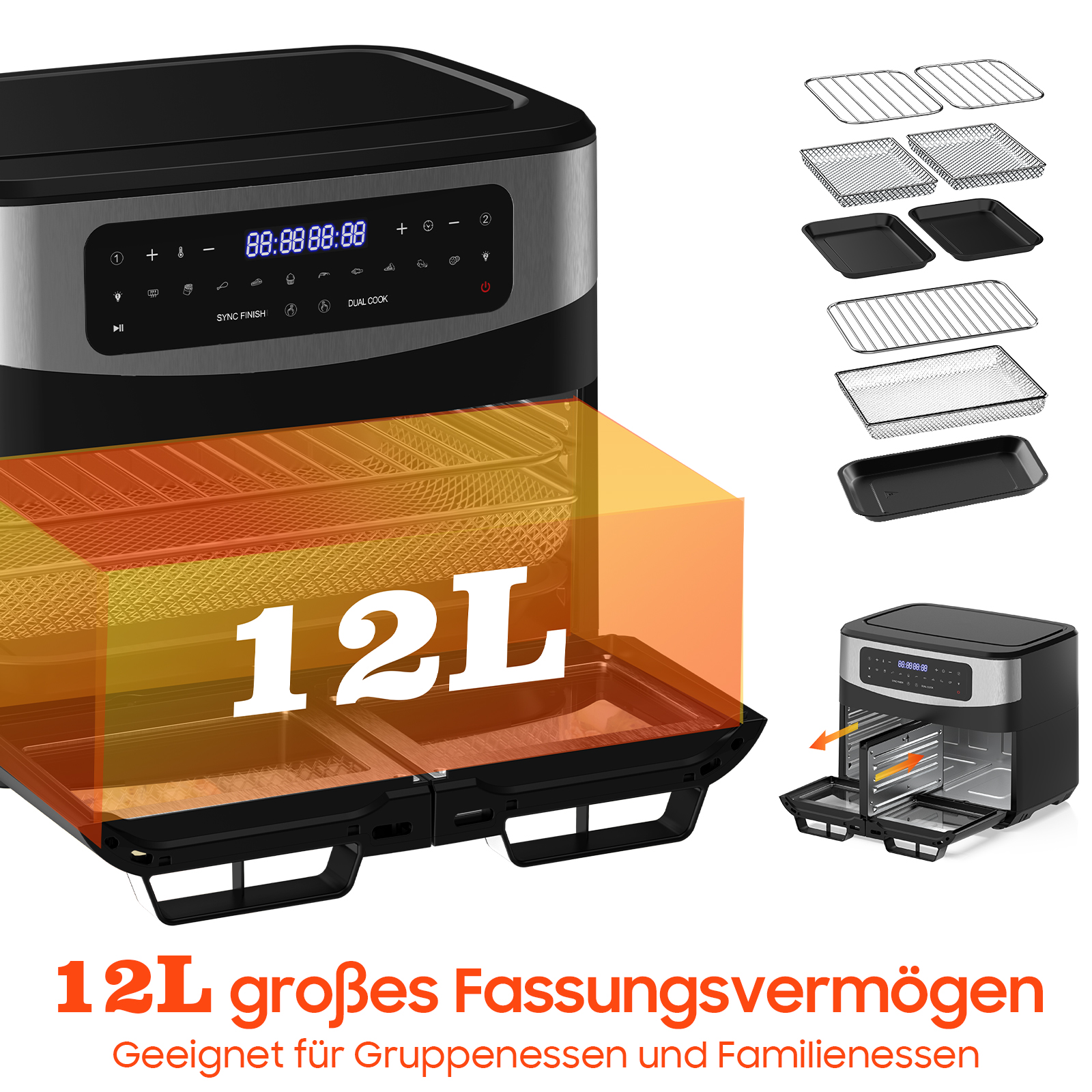 Große Heißluftfritteuse mit 12L Kapazität und digitaler Anzeige. Zubehör daneben.