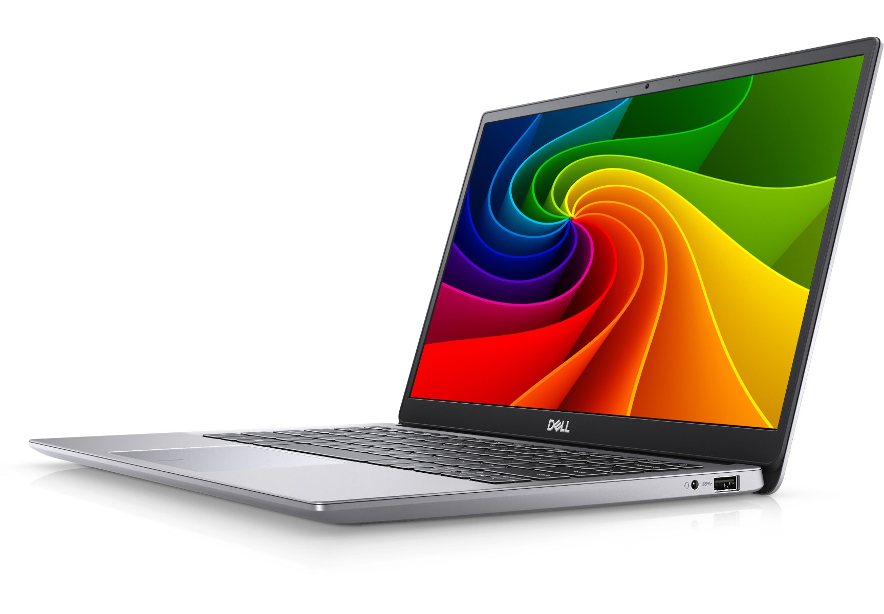 Ein geöffneter silberner Dell Laptop mit buntem Regenbogen-Hintergrund auf dem Bildschirm.