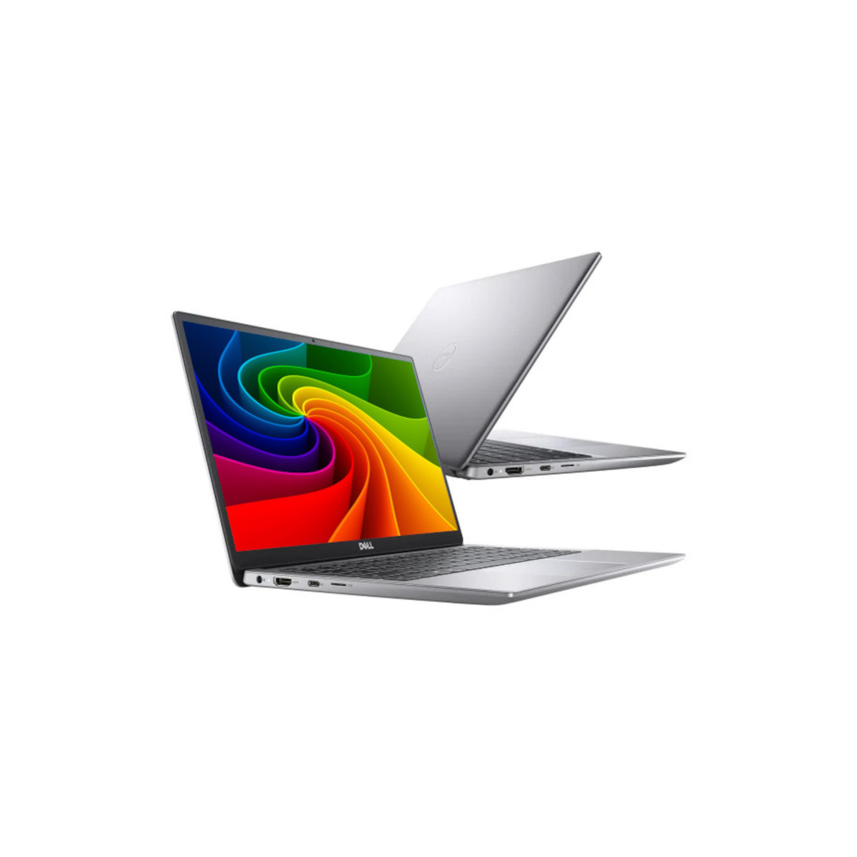Zwei silberne Dell Laptops, einer offen mit farbigem Hintergrund, der andere geschlossen.