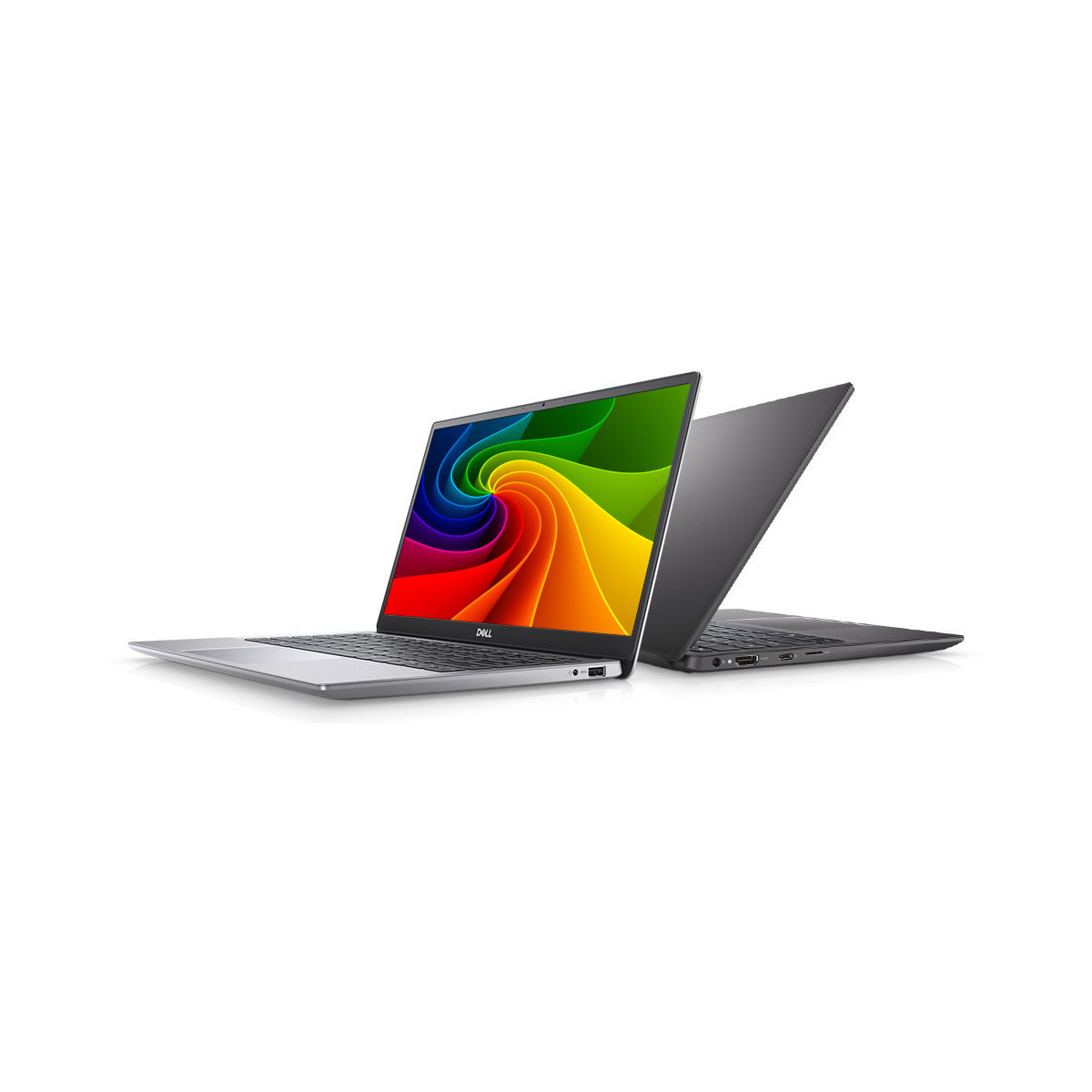 Zwei silberne Laptops nebeneinander, einer geöffnet mit buntem Hintergrund.