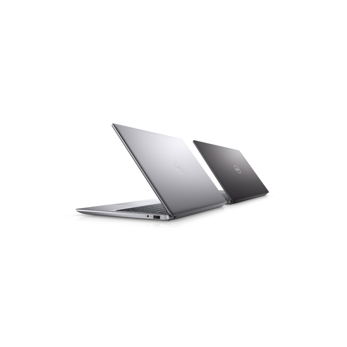 Zwei silberne Dell Laptops, einer geöffnet, einer geschlossen, auf weißem Hintergrund.