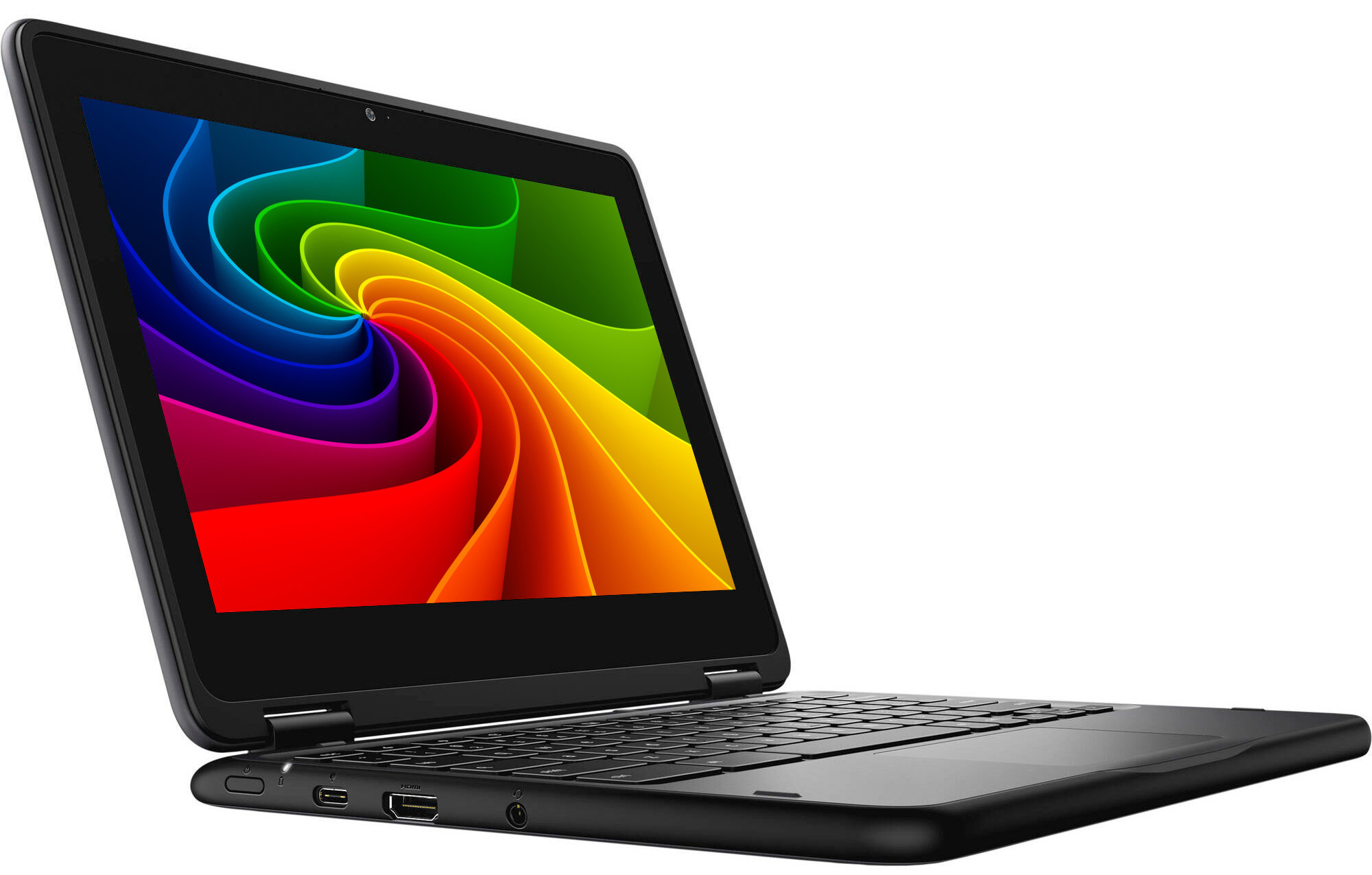 Ein schwarzer Laptop ist geöffnet und zeigt einen lebendigen Wirbel aus Regenbogenfarben auf seinem Bildschirm.