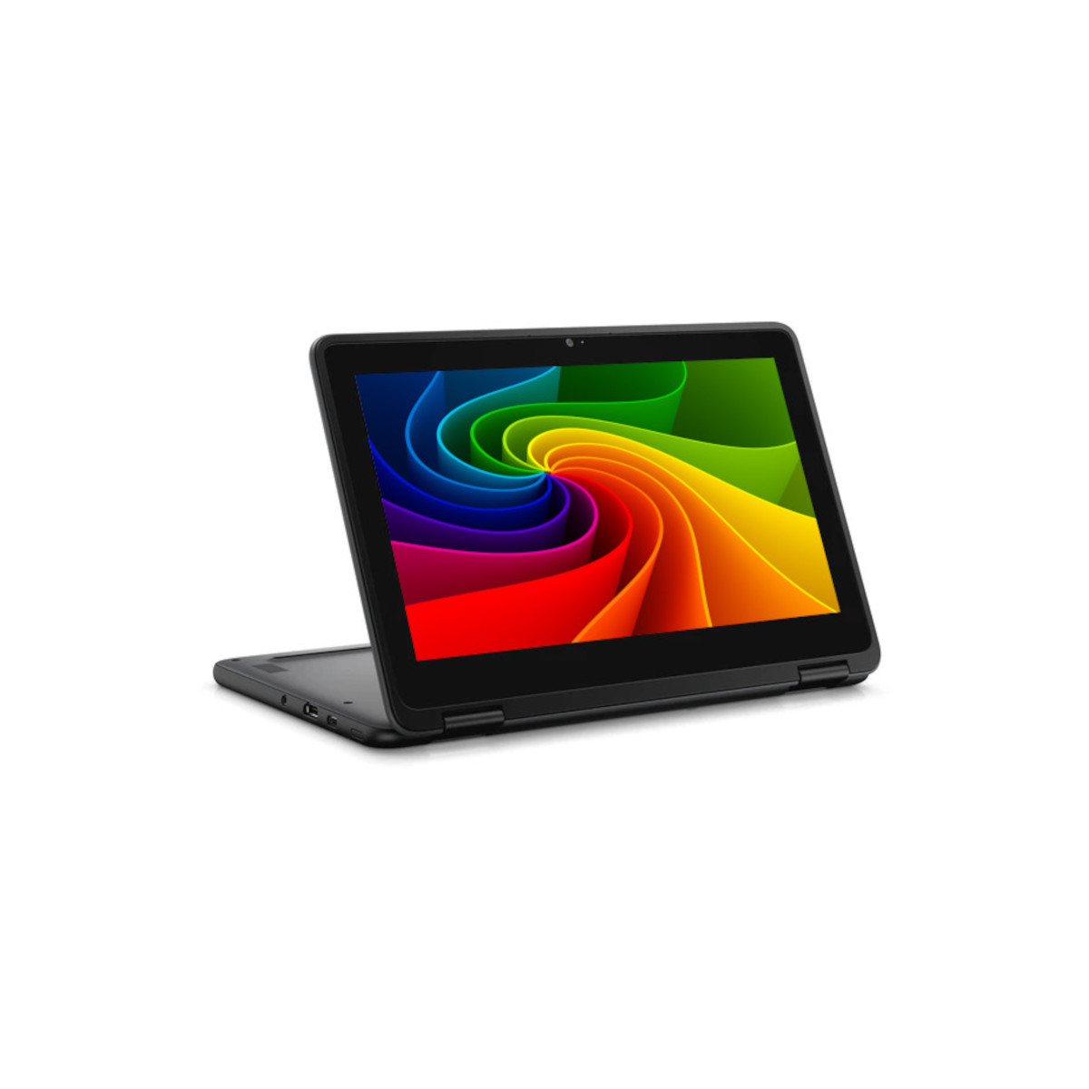 Ein schwarzes Convertible-Notebook mit einem bunten, spiralförmigen Hintergrundbild auf dem Bildschirm.