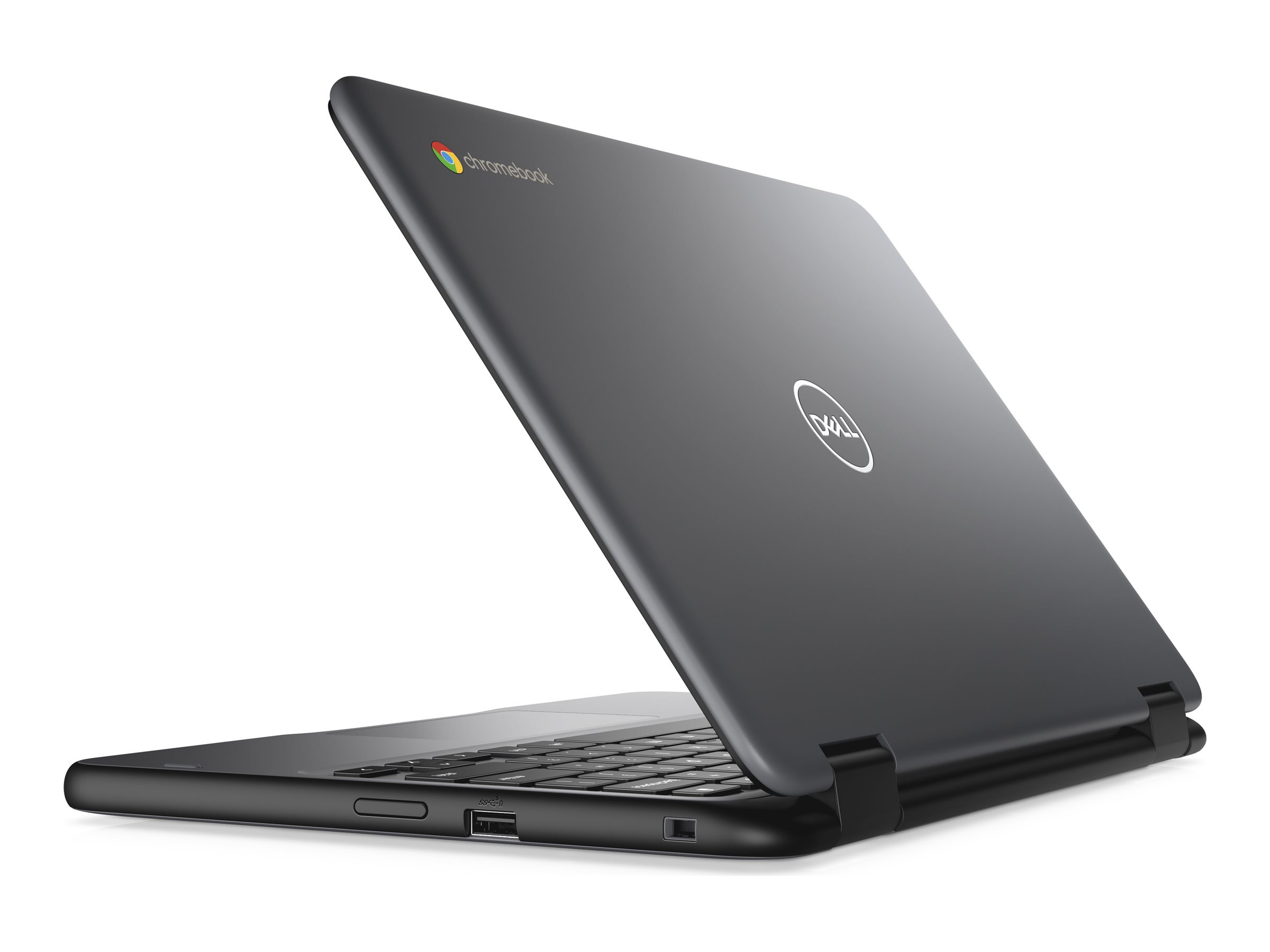 Ein geschlossener, dunkler Dell Chromebook mit dem Dell-Logo auf dem Deckel.