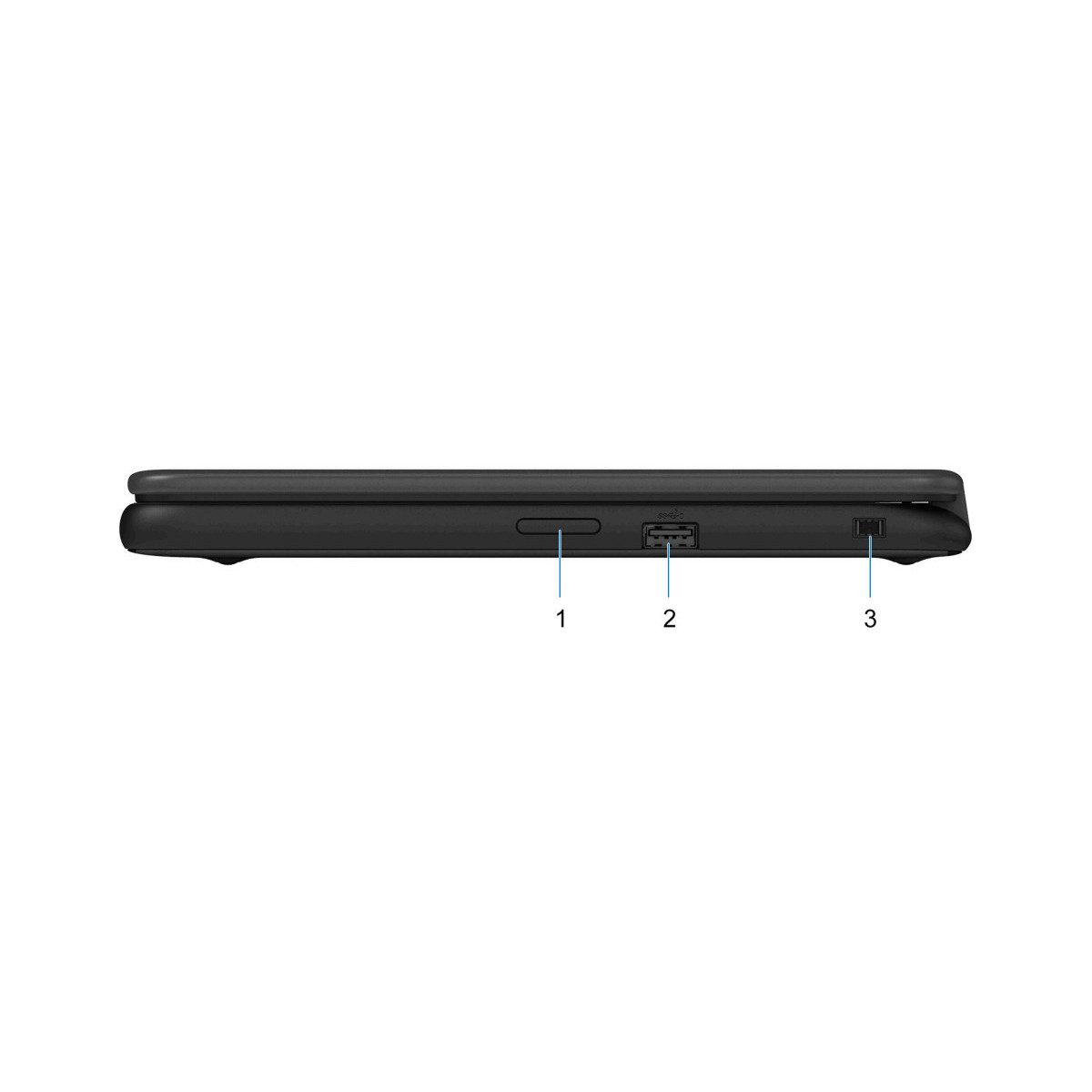 Schwarzer Laptop-Seite mit Ports: Power-Knopf, USB, SD-Kartenleser.