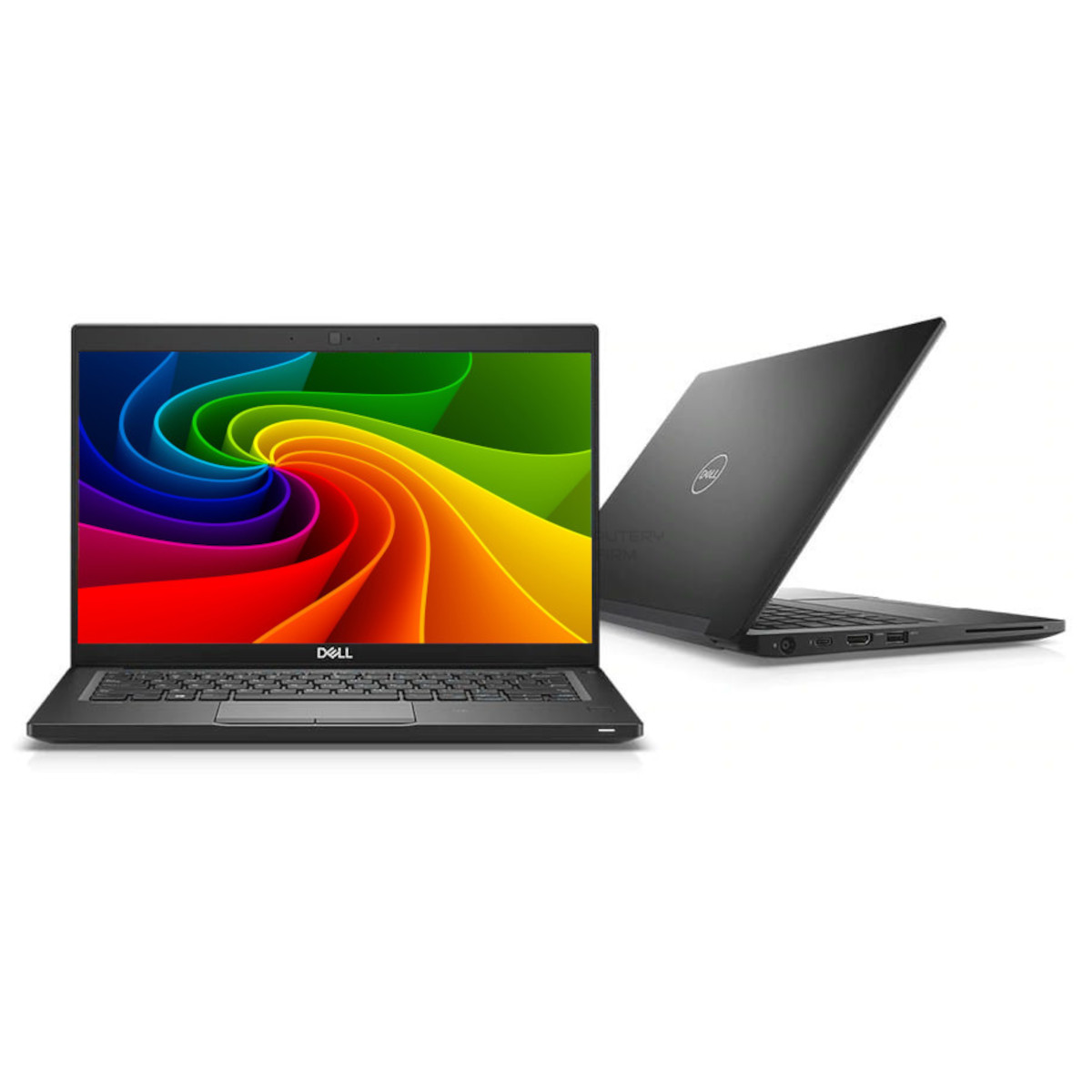 Zwei schwarze Dell Laptops auf weißem Hintergrund. Einer ist geöffnet, der andere geschlossen.