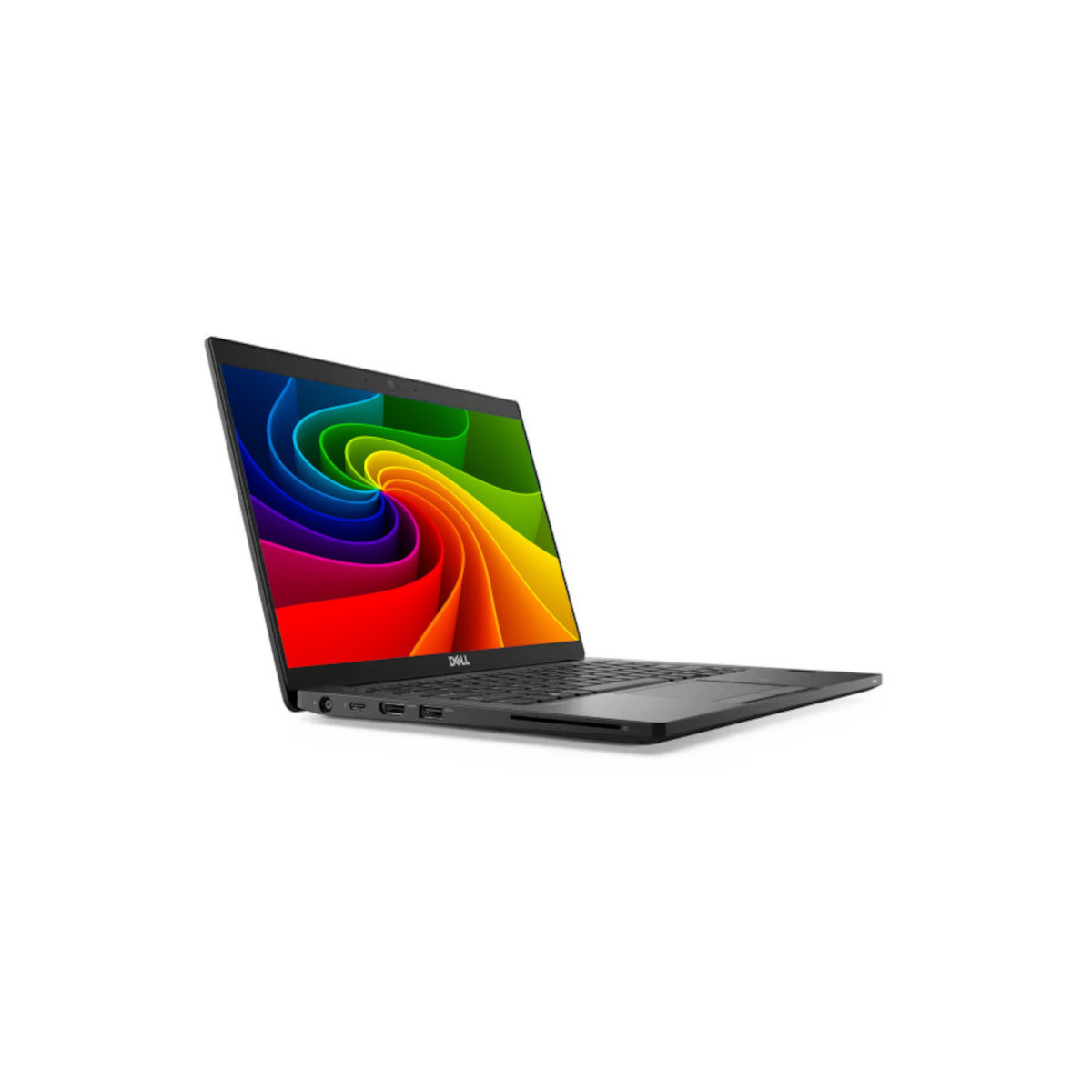 Schwarzer Dell-Laptop geöffnet, bunte wirbelnde Tapete auf dem Bildschirm.
