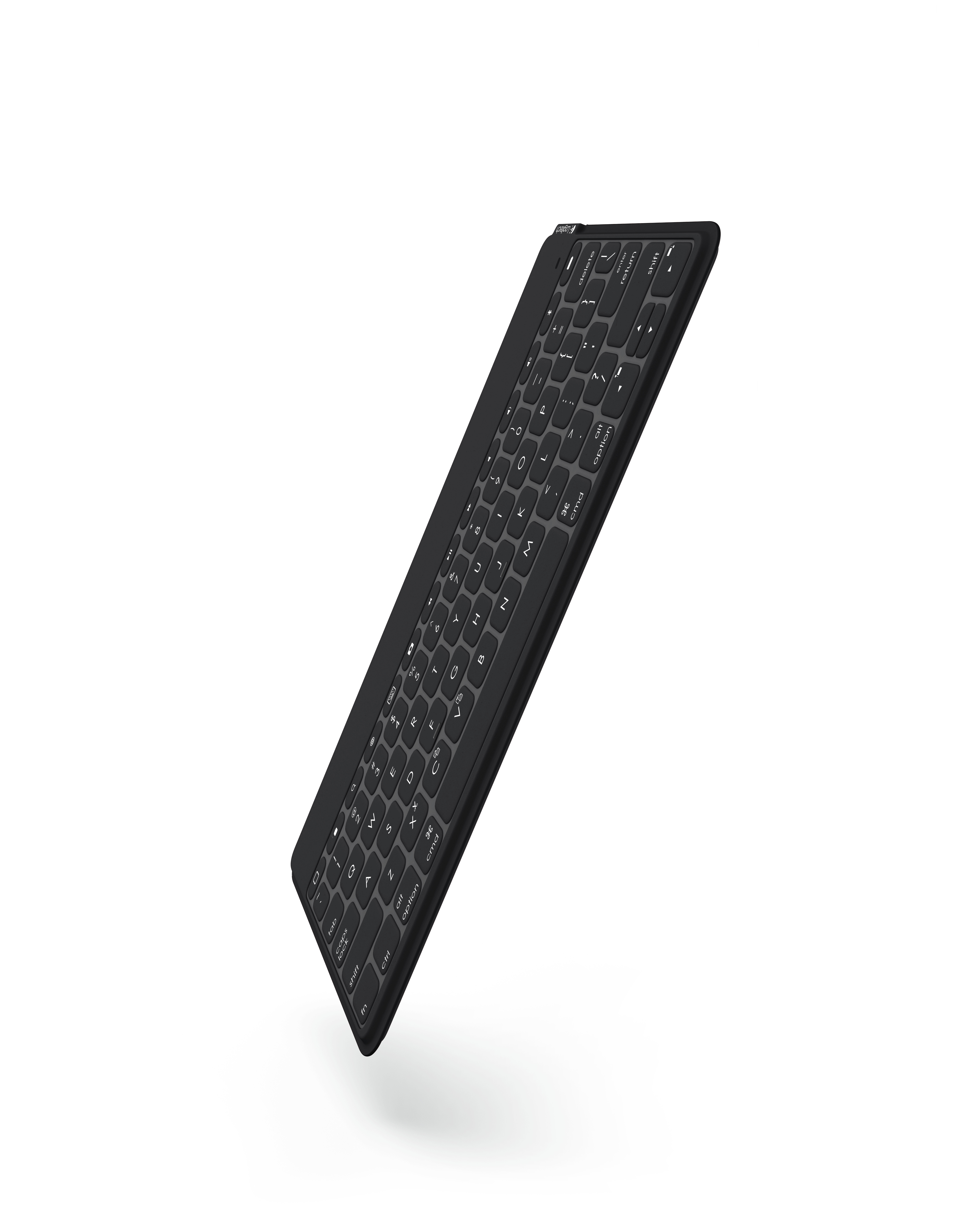 Eine schwarze Tastatur mit weißen Tasten auf weißem Hintergrund.