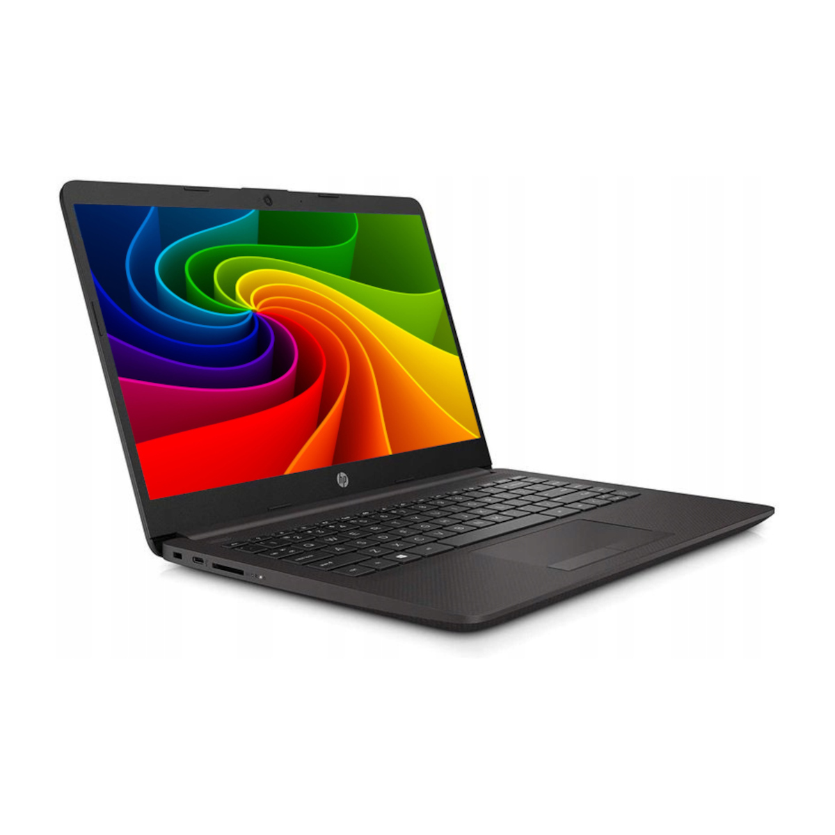 Ein schwarzer HP Laptop mit einem bunten, wirbelnden Hintergrund auf dem Bildschirm.