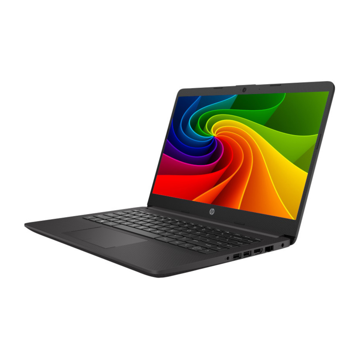 Ein schwarzer HP Laptop mit einem bunten Hintergrund auf dem Bildschirm.