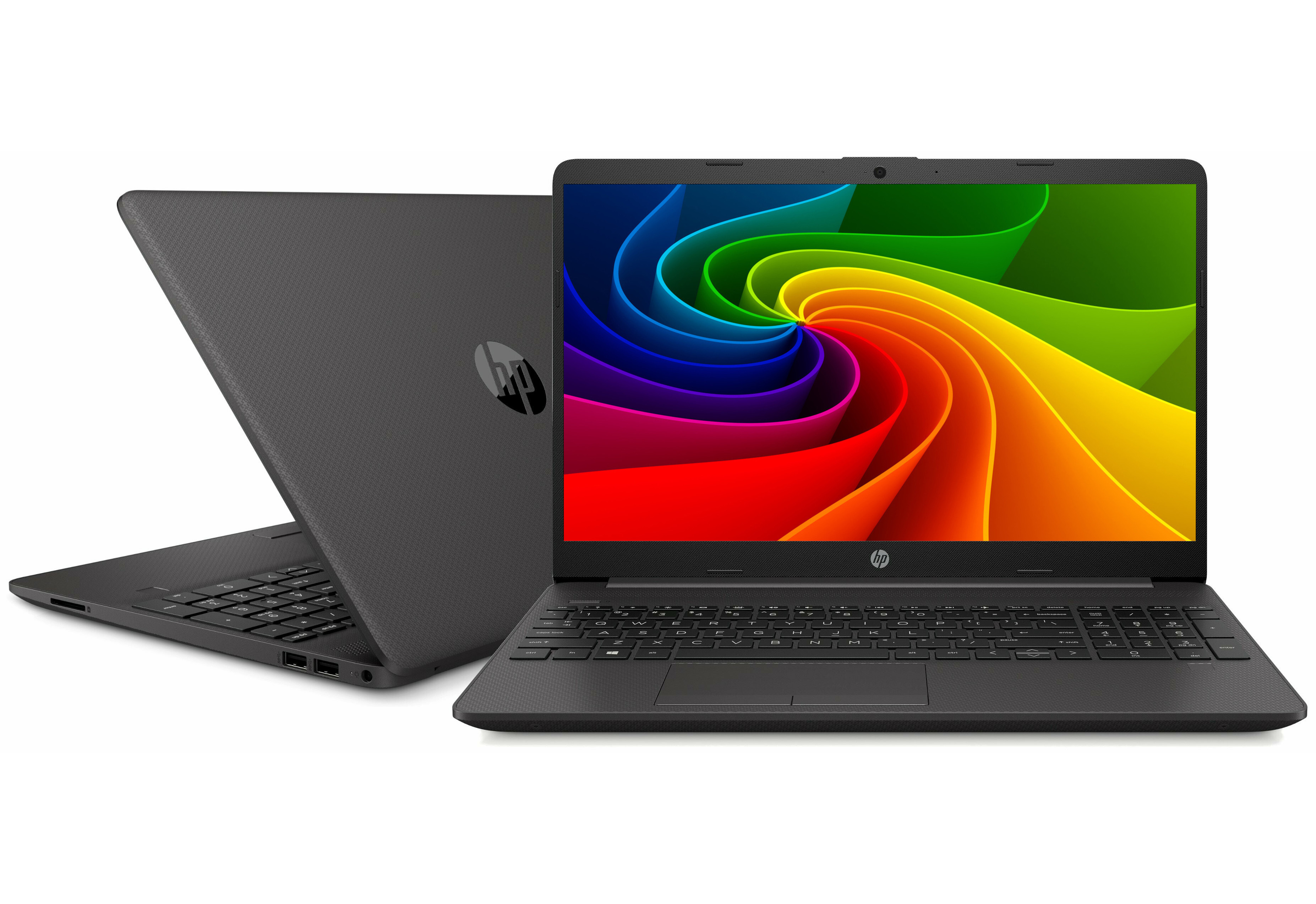 Zwei dunkle Laptops nebeneinander auf weißem Hintergrund. Einer ist offen, der andere geschlossen.