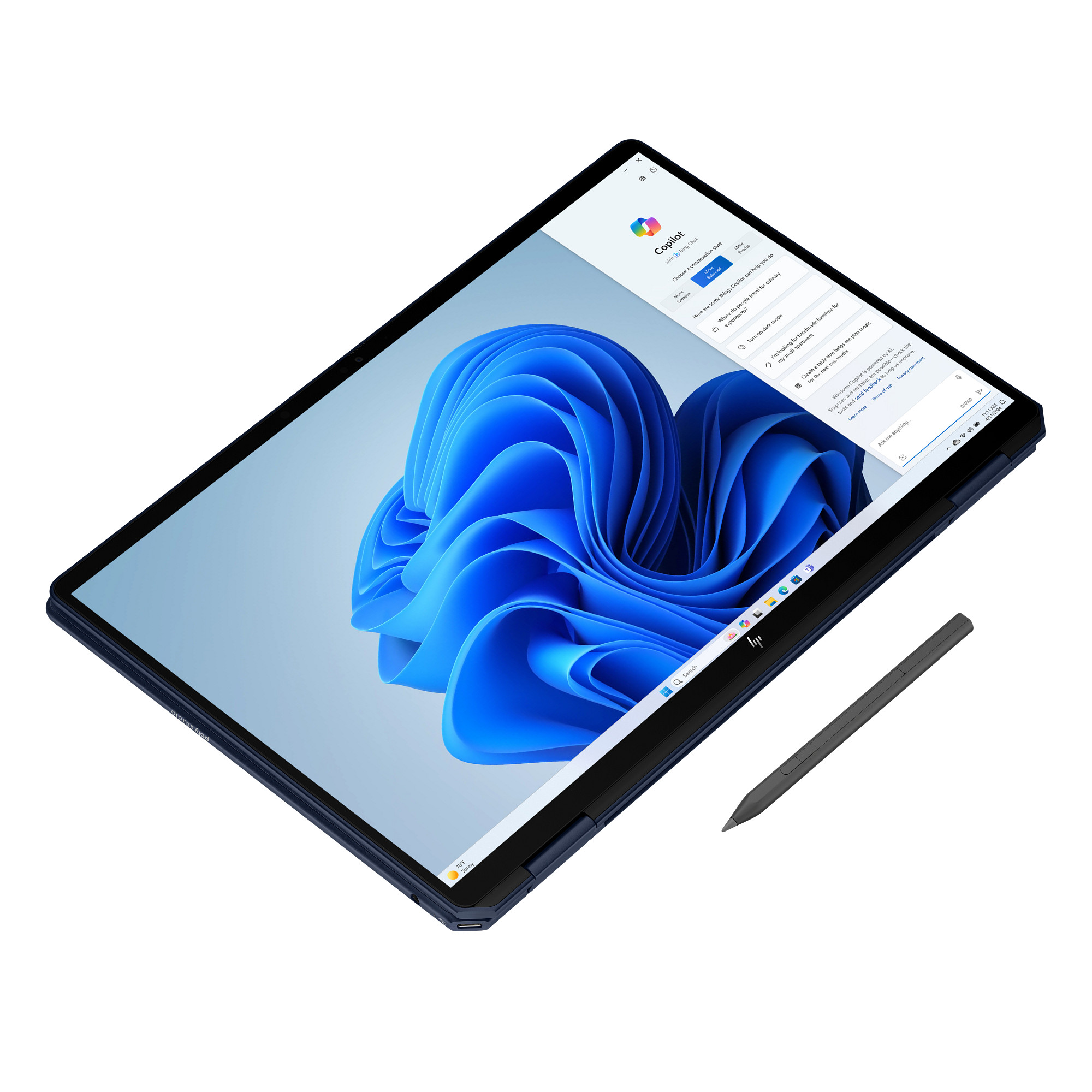 Ein dunkles Tablet mit Stift zeigt den Windows Copilot-Assistenten und ein blaues Hintergrundbild.