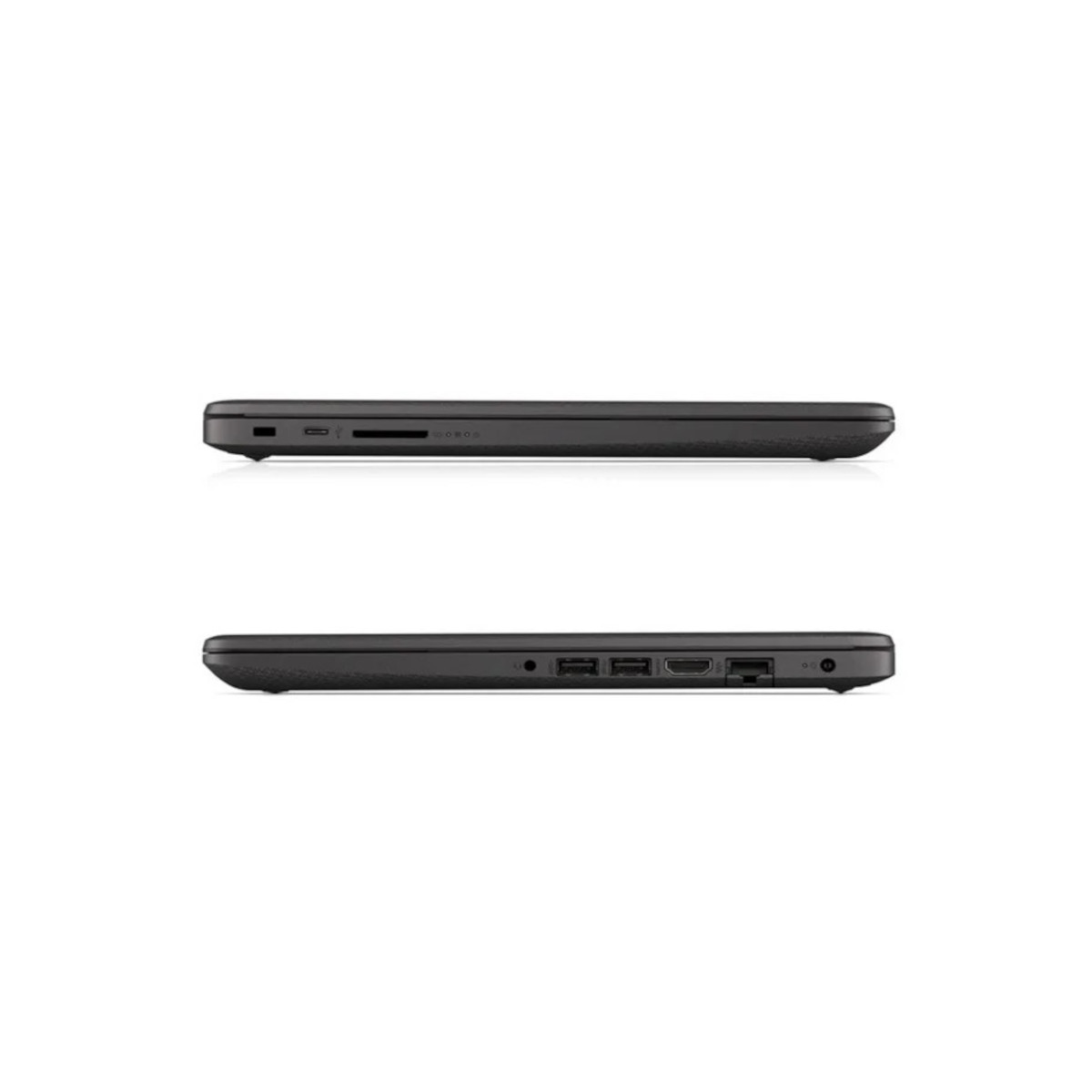 Seitenansicht eines schwarzen Laptops mit Anschlüssen: SD-Kartenleser, USB, HDMI.