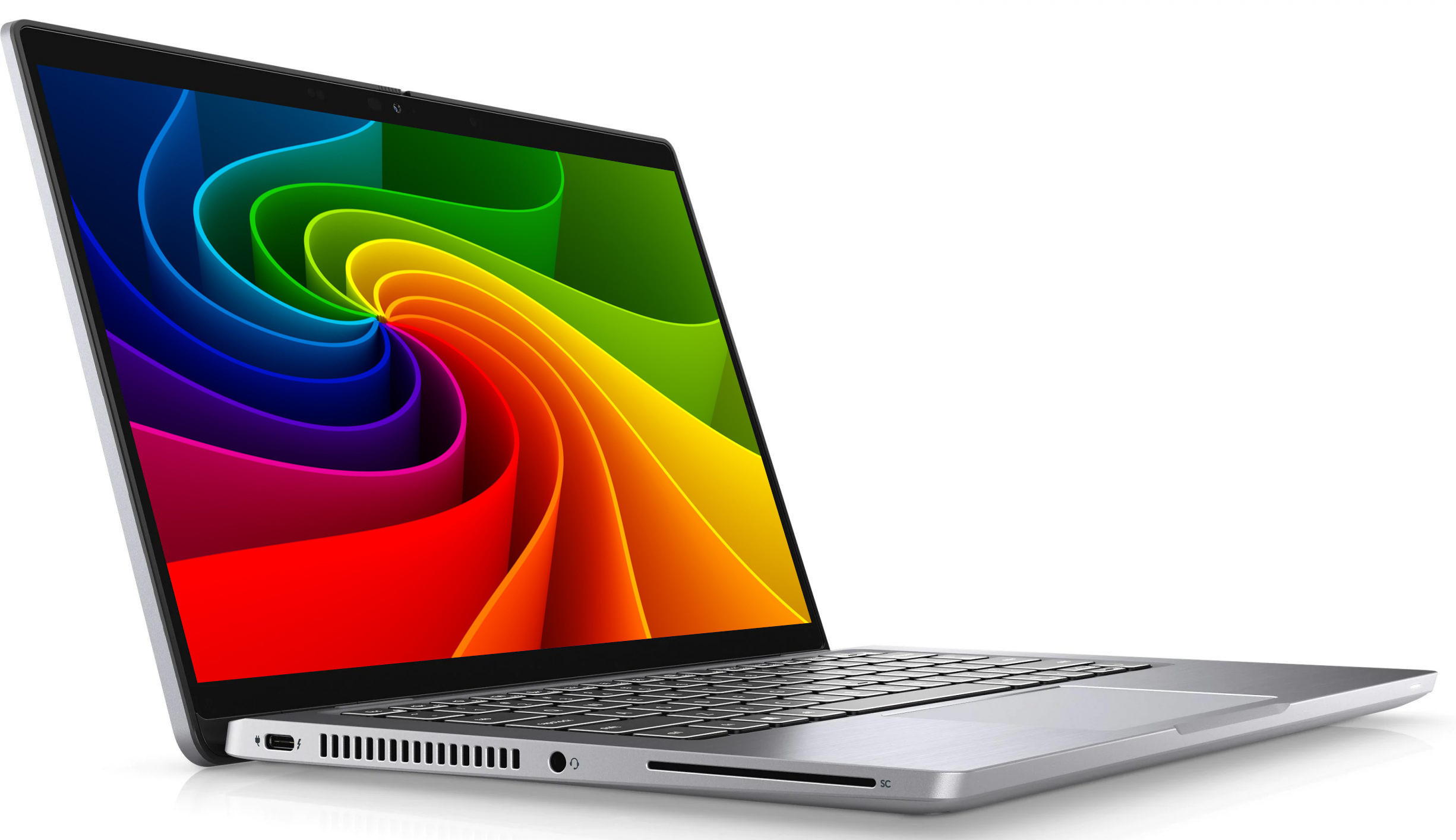 Ein silberner Laptop mit einem bunten, wirbelnden Hintergrund auf dem Bildschirm.