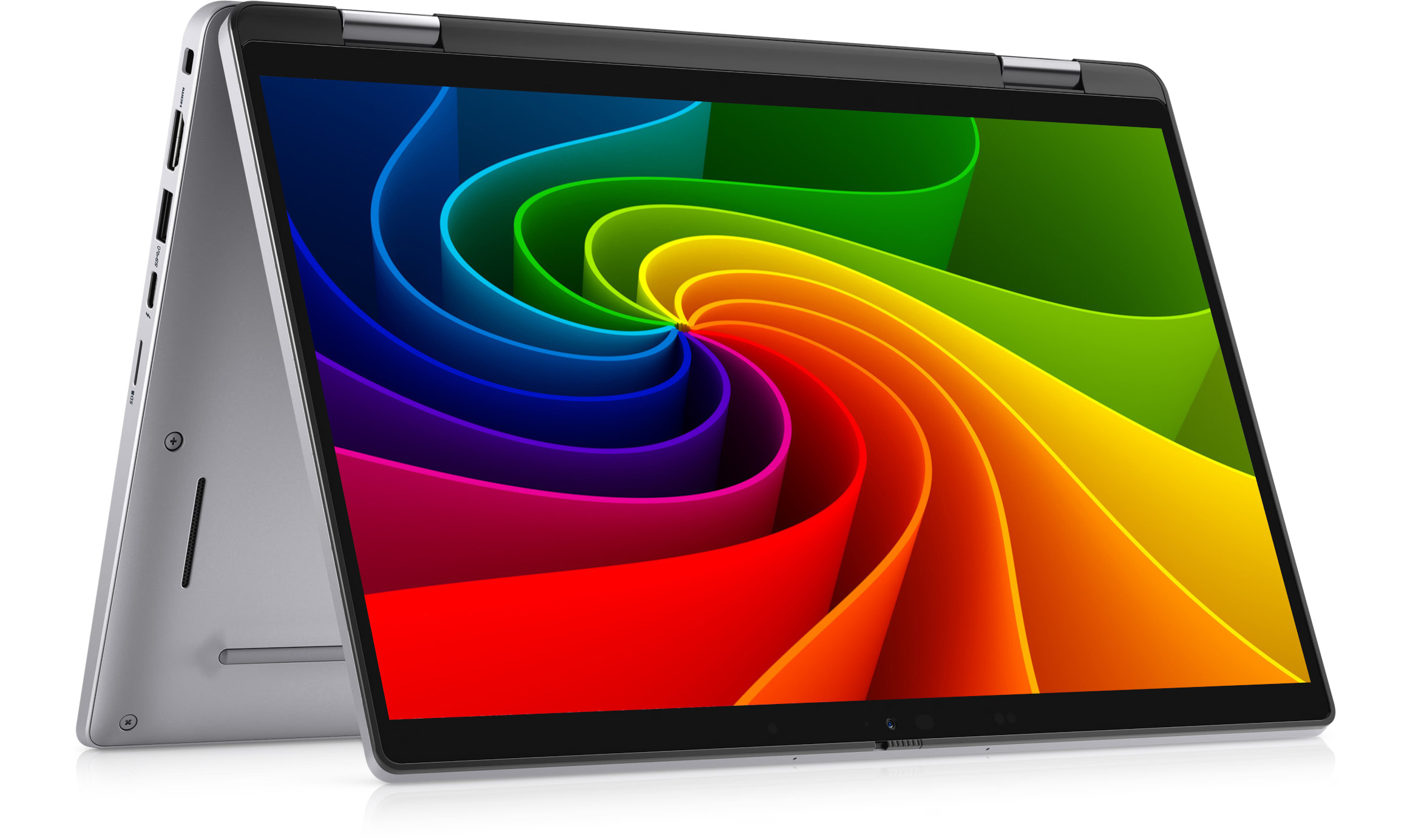 Ein silberner Laptop mit buntem, spiralförmigem Hintergrundbild auf dem Bildschirm.