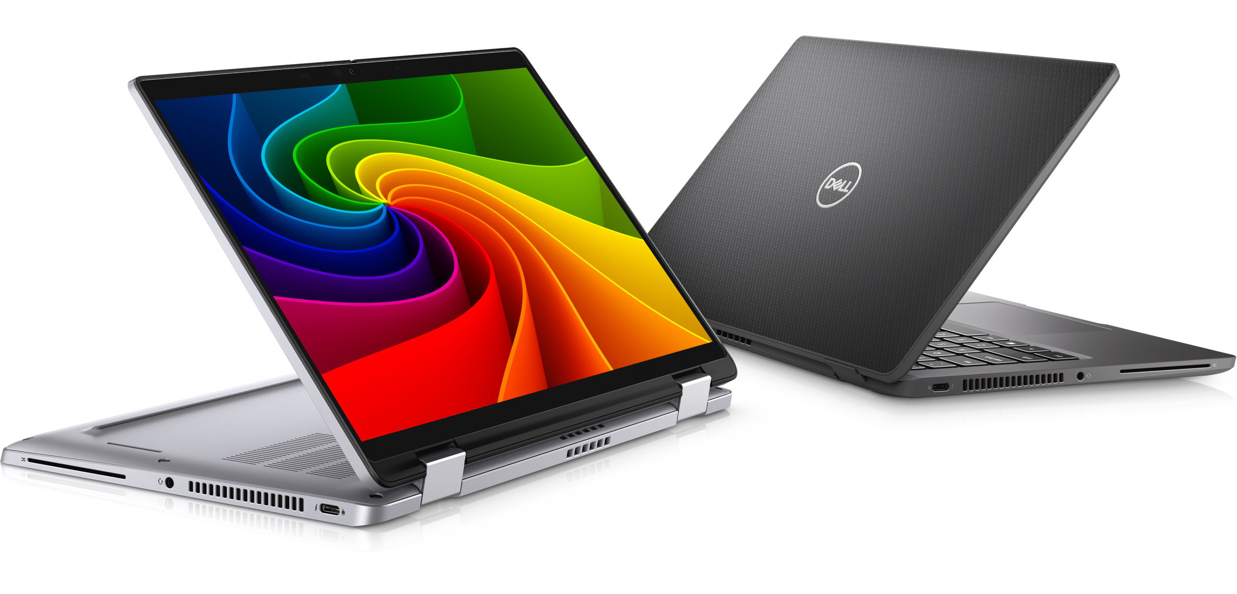 Zwei Dell Laptops auf weißem Hintergrund. Einer geöffnet mit farbigem Bildschirm.
