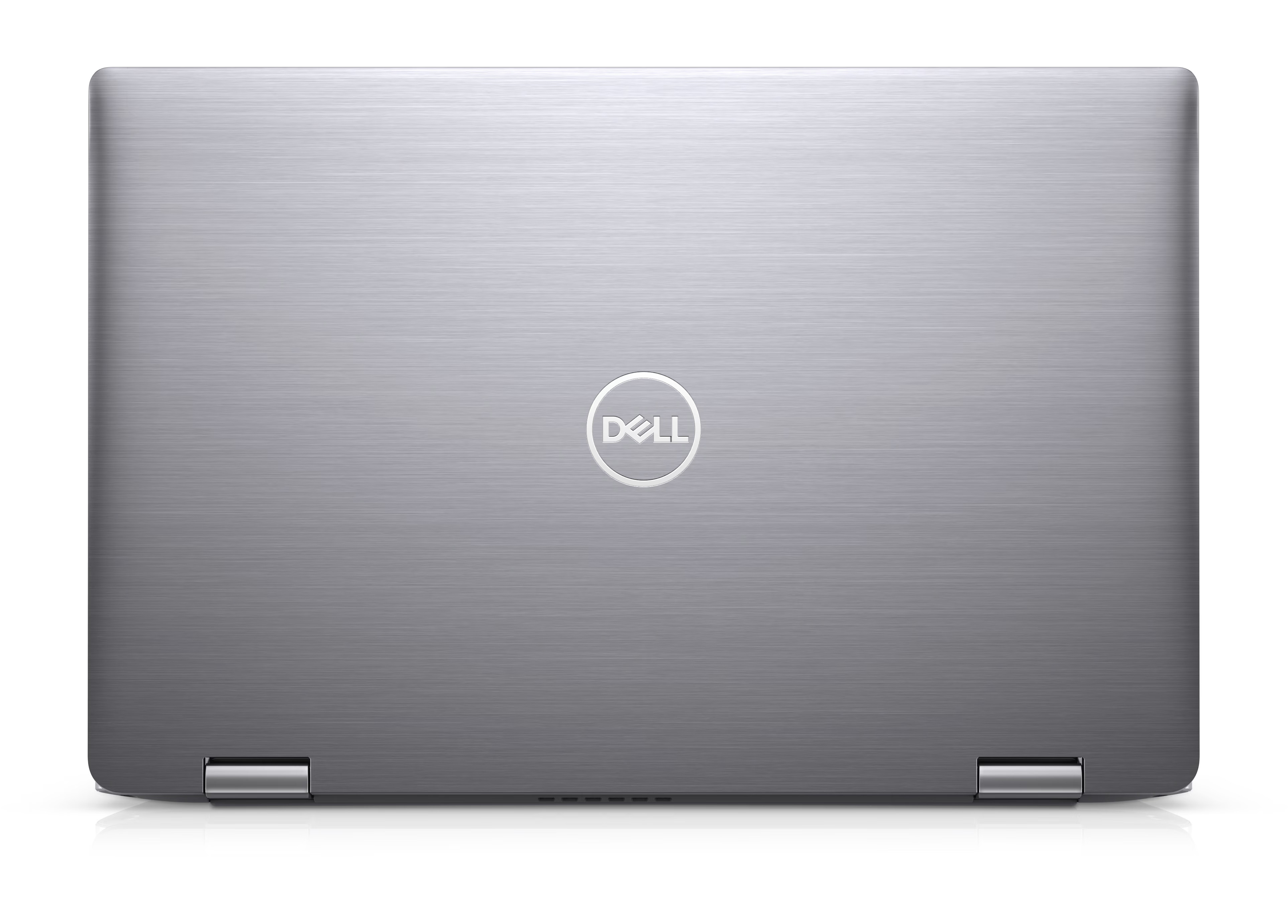 Geschlossener silberner Dell Laptop mit gebürsteter Metalloberfläche und Logo.