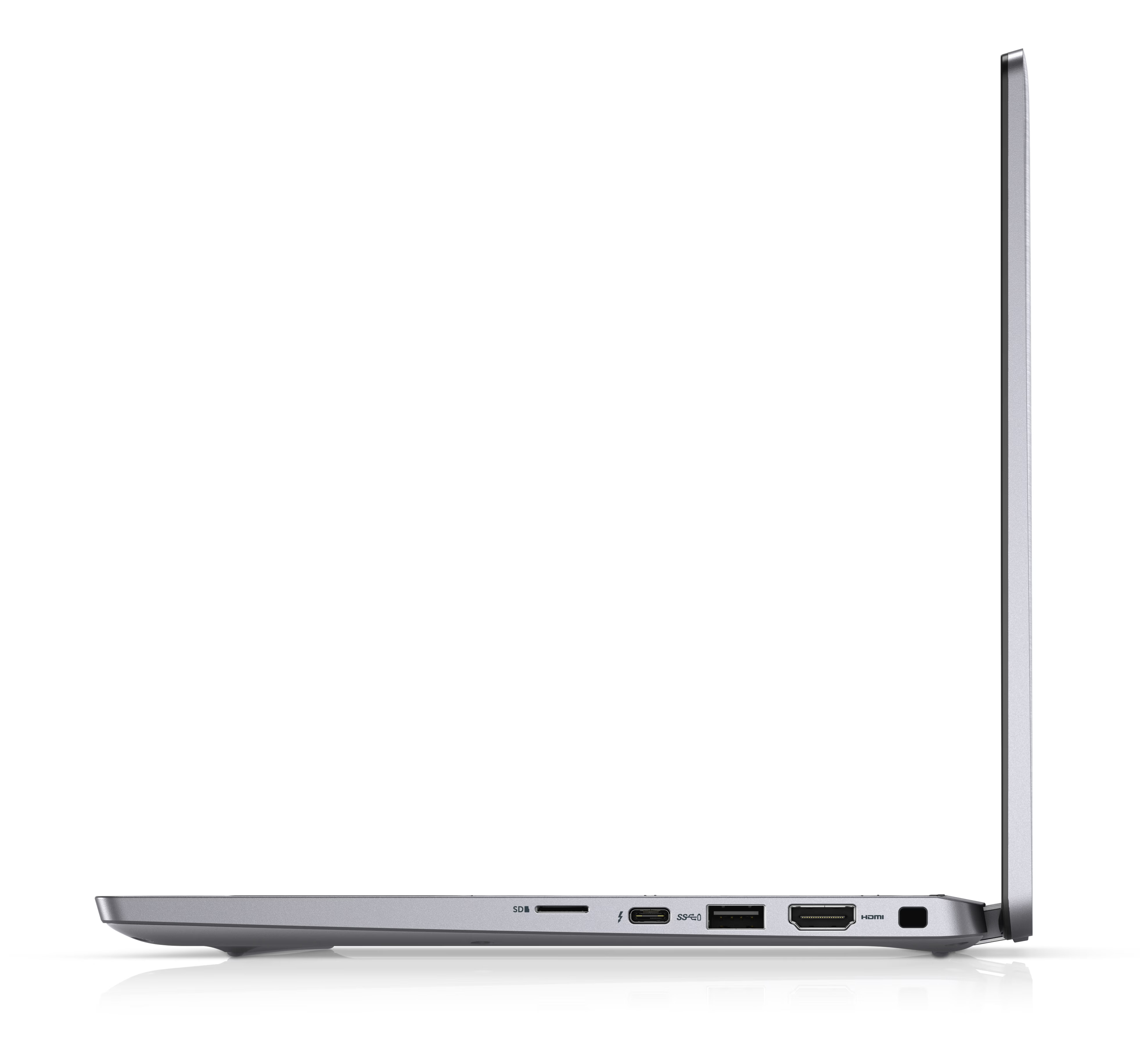 Silberner Laptop-Anschlussseite mit SD-, USB-C- und HDMI-Anschlüssen.