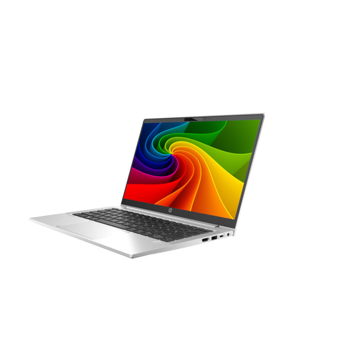 Ein silberner Laptop mit einem bunten, wirbelnden Hintergrund auf dem Bildschirm.