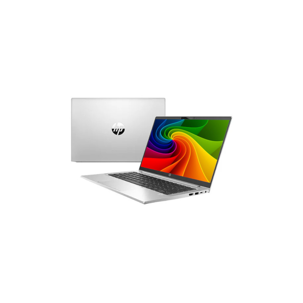 Ein silberner HP Laptop mit geöffnetem Bildschirm, der ein Regenbogenmuster zeigt.