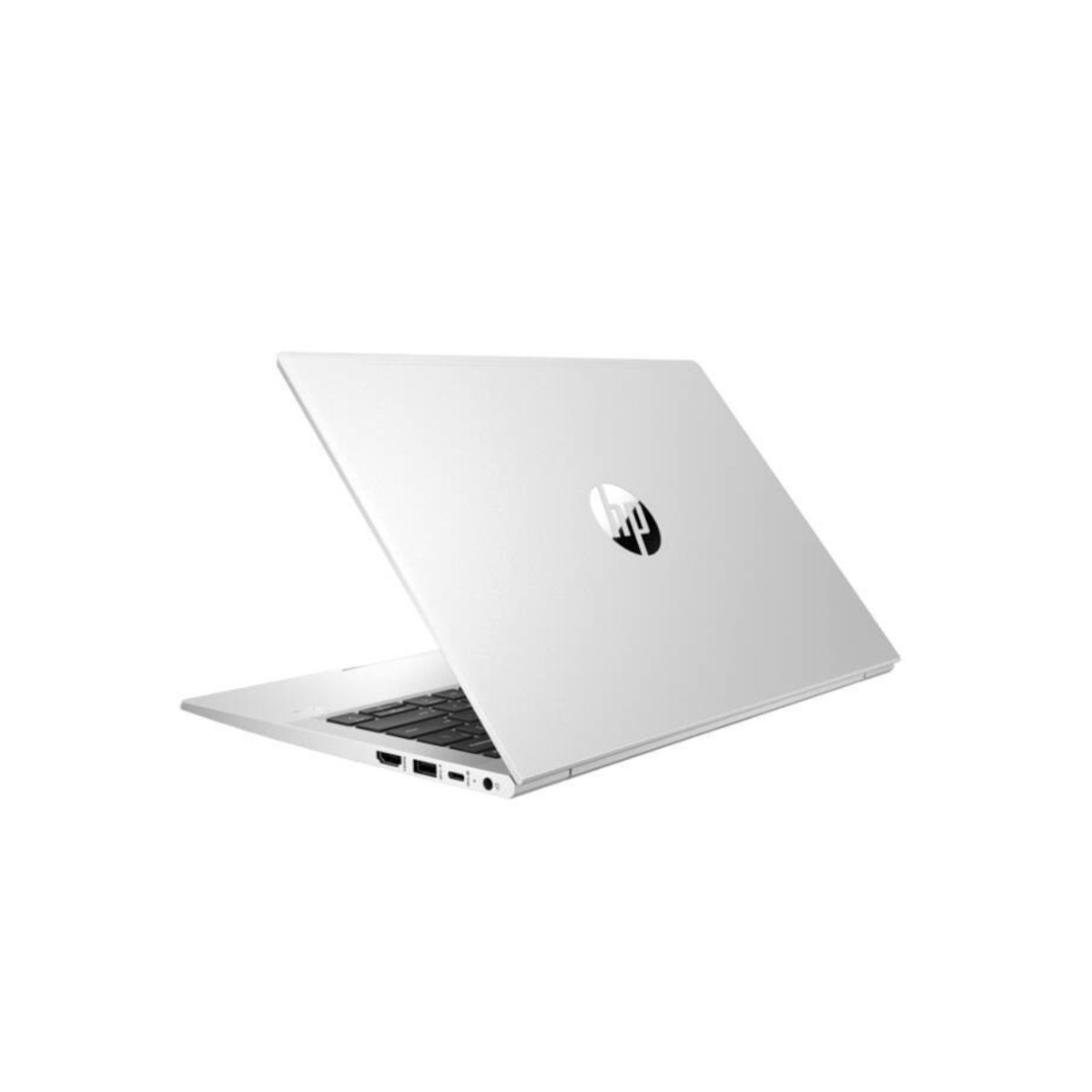 Silberner HP Laptop, von hinten links gezeigt, mit Tastatur und Anschlüssen.