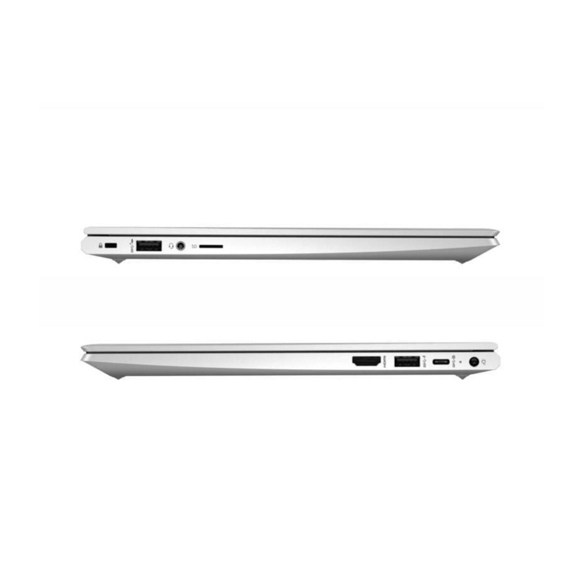 Zwei Ansichten eines silbernen Laptops, die die Anschlüsse an den Seiten zeigen.