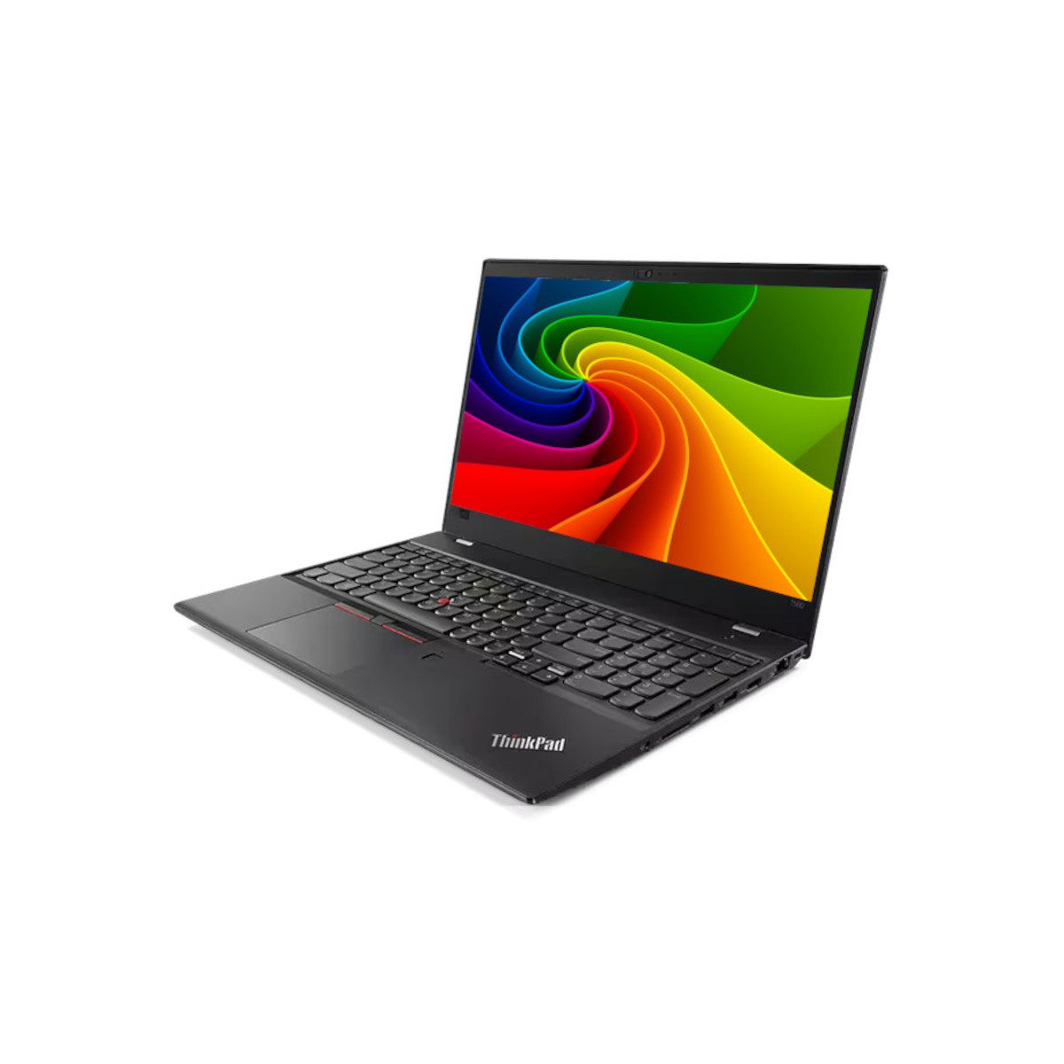 Schwarzer Laptop mit buntem Hintergrund auf dem Bildschirm.