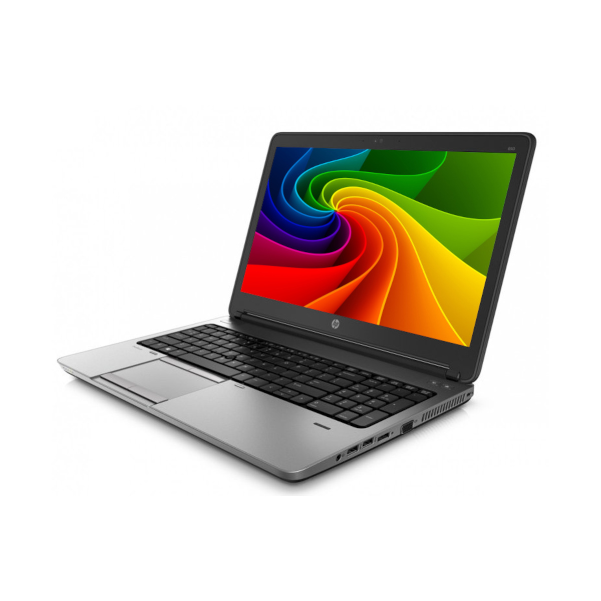 Ein silberner HP Laptop mit einem bunten, wirbelnden Hintergrund auf dem Bildschirm.