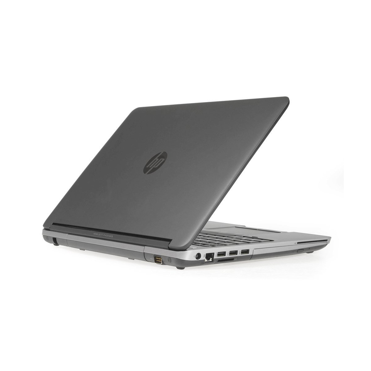 Ein geschlossener grauer HP Laptop mit dem HP-Logo auf dem Deckel.
