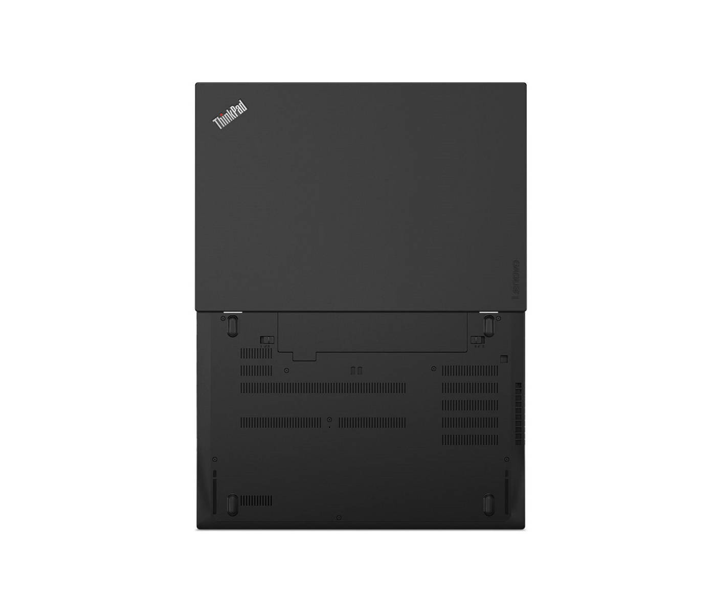Schwarzer Laptop von ThinkPad, Unterseite mit Lüftungsschlitzen und Lenovo-Logo.