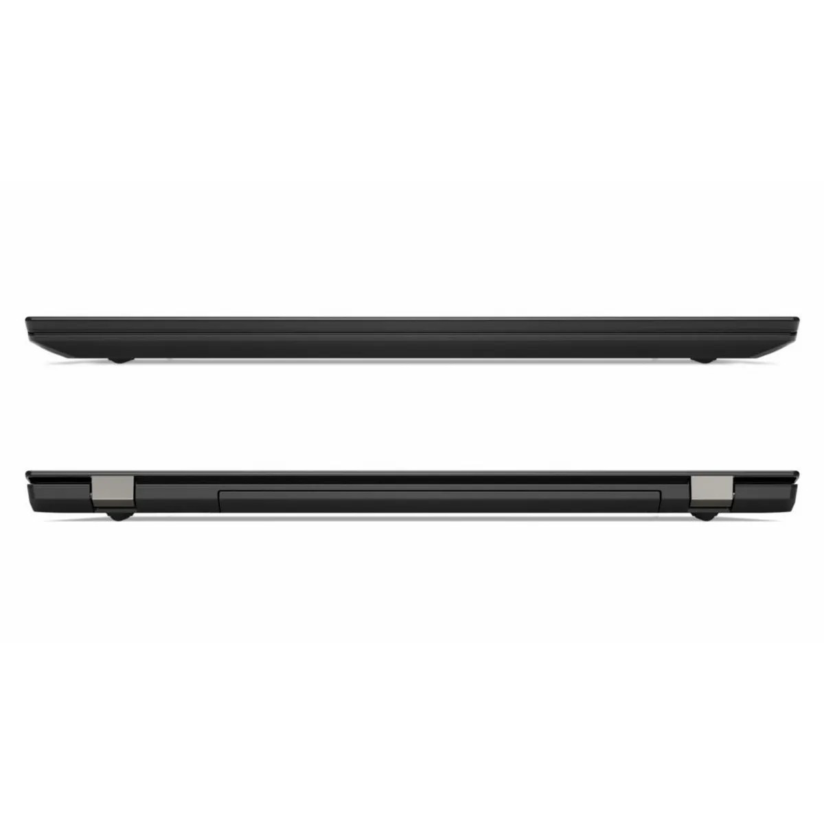 Seitenansicht eines geschlossenen schwarzen Laptops, oben und unten.