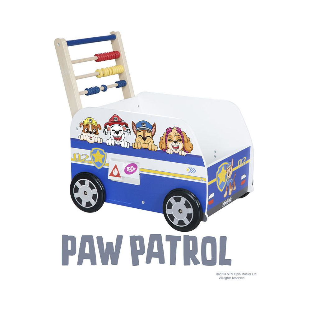 Un carretto giocattolo blu Paw Patrol con ruote e un abaco sopra.
