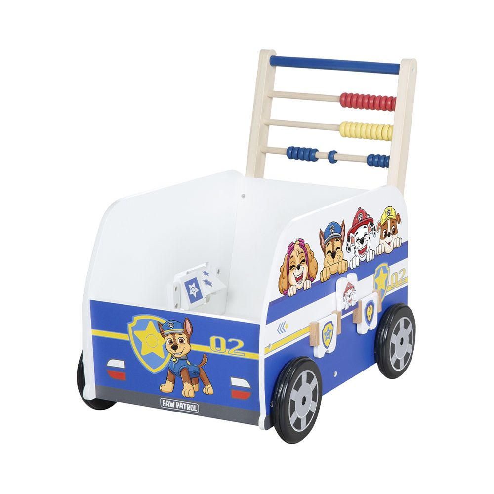 Un carretto giocattolo Paw Patrol con abaco in legno e ruote.